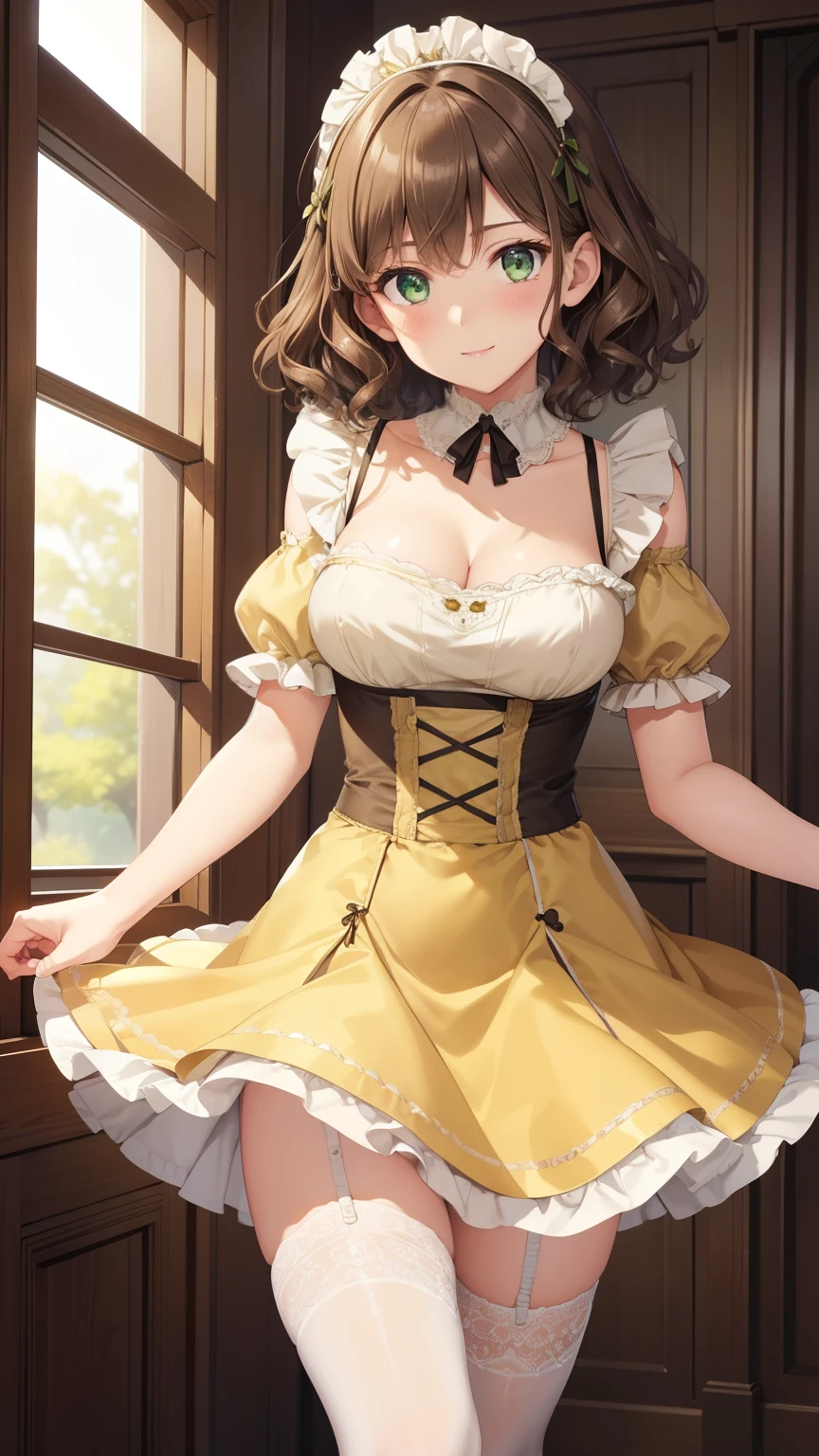 green eyes, brown hair, curly hair, masterpiece, best quality, high resolution, beautiful detailed eyes, extremely detailed face, good lighting, detailed CG, short hair, light smile, large breasts, skinny, yellow maid dress, short puffy sleeves, small maid skirt, thigh highs, collarbone, cleavage, detached collar