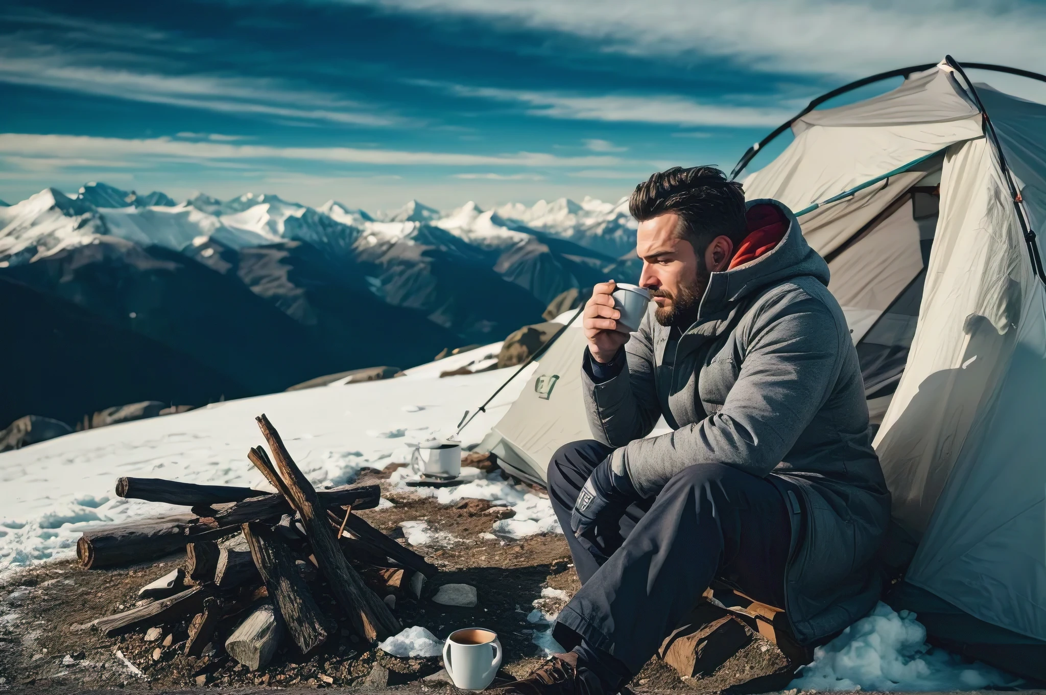 A striking photo capturing a man camping on a snowy mountain range. The man is seen sitting outside his tent, wrapped in a warm coat, drinking hot coffee. The campfire behind him has been extinguished, leaving only the remnants of burnt wood. The snow-capped mountains stretch into the distance, juxtaposed with the deep blue sky. The scene is bathed in natural light, casting a serene and peaceful atmosphere., photo