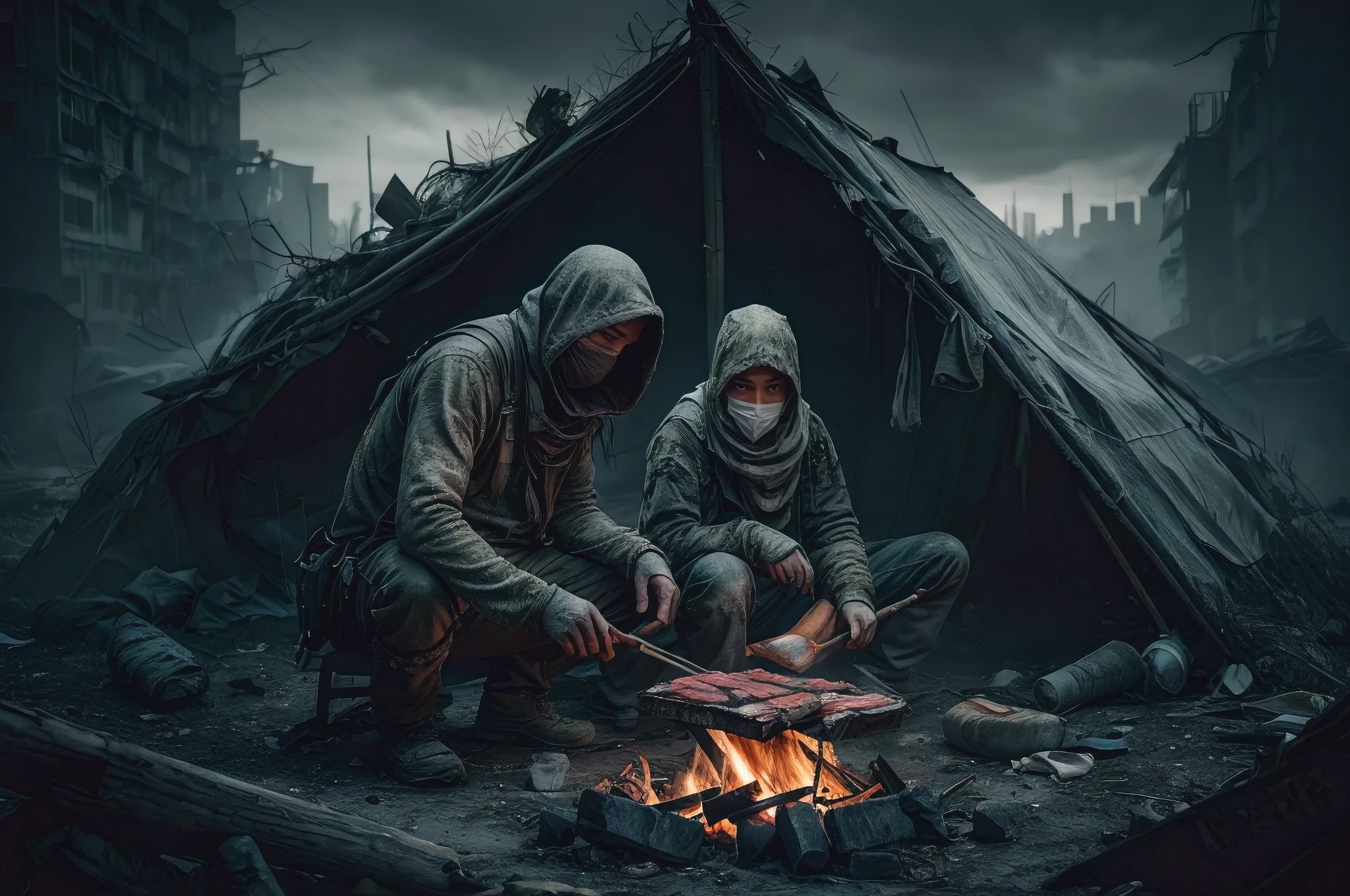 A hauntingly realistic illustration of two post-apocalyptic survivors huddled around a dimly lit campfire, grilling meat. The survivors, wearing tattered and patched clothes, are gaunt, their eyes blank and empty. The camp is a small, makeshift structure built amid the ruins of an urban landscape. The atmosphere is bleak, with the cityscape looming in the background, shrouded in shadows and dust. The overall mood of the image is somber and despairing, capturing the isolation and hopelessness of the survivors' existence., illustration