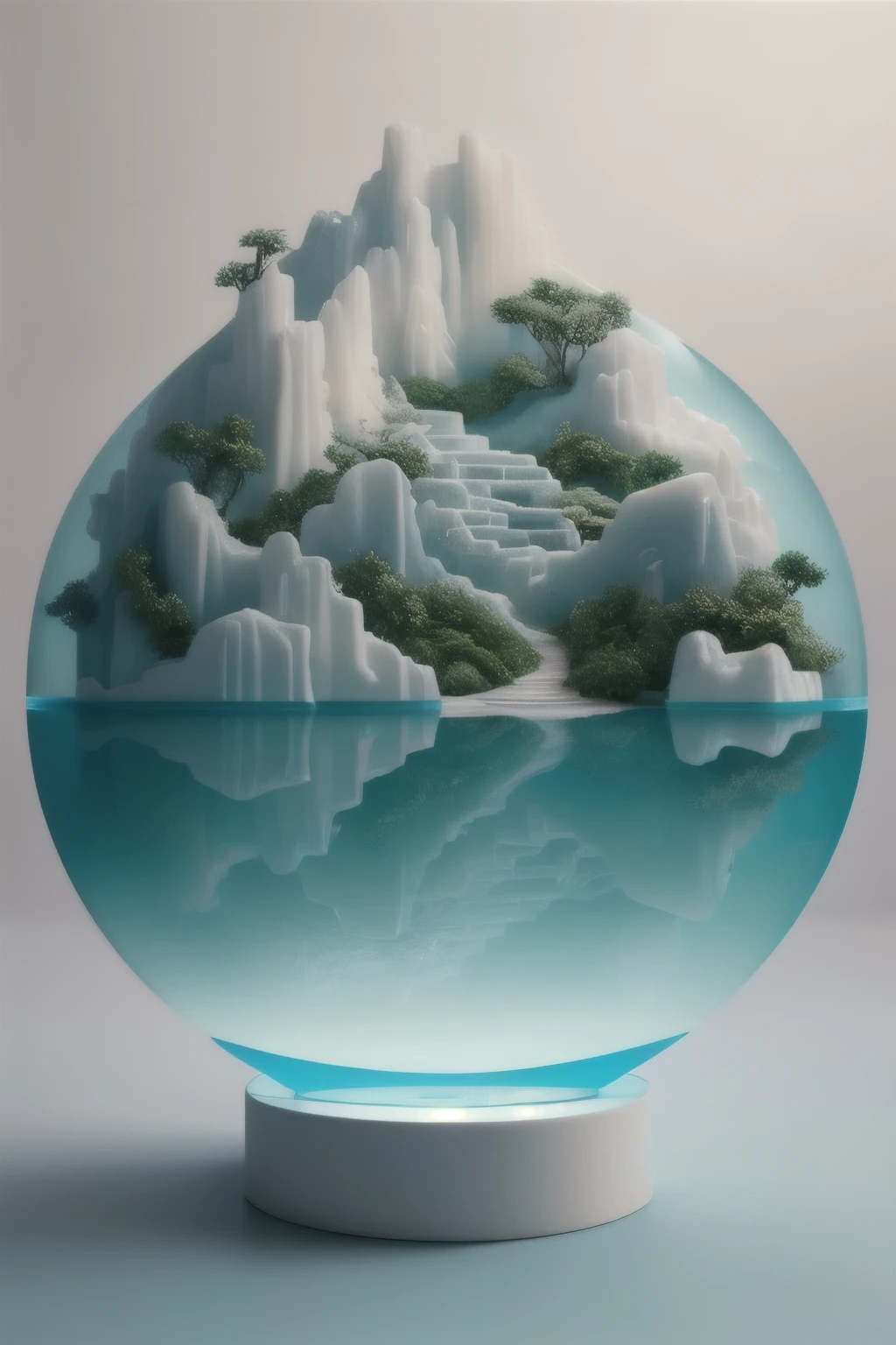 Miniature Chinese landscape encapsulated in a translucent box, bathed in white background, milky white transparent water mirroring every intricate detail, brand design exhibit, Art Deco inspired, meticulously crafted resin Chinese landscape sculpture, landscape painting in light beige and light blue color scheme, evoking a surreal dream-like atmosphere, organic cream fluid textures, ray-traced ambient occlusion adding depth and haze, super real and super realistic 3D rendering, HD and 8k OC renderer presentation.