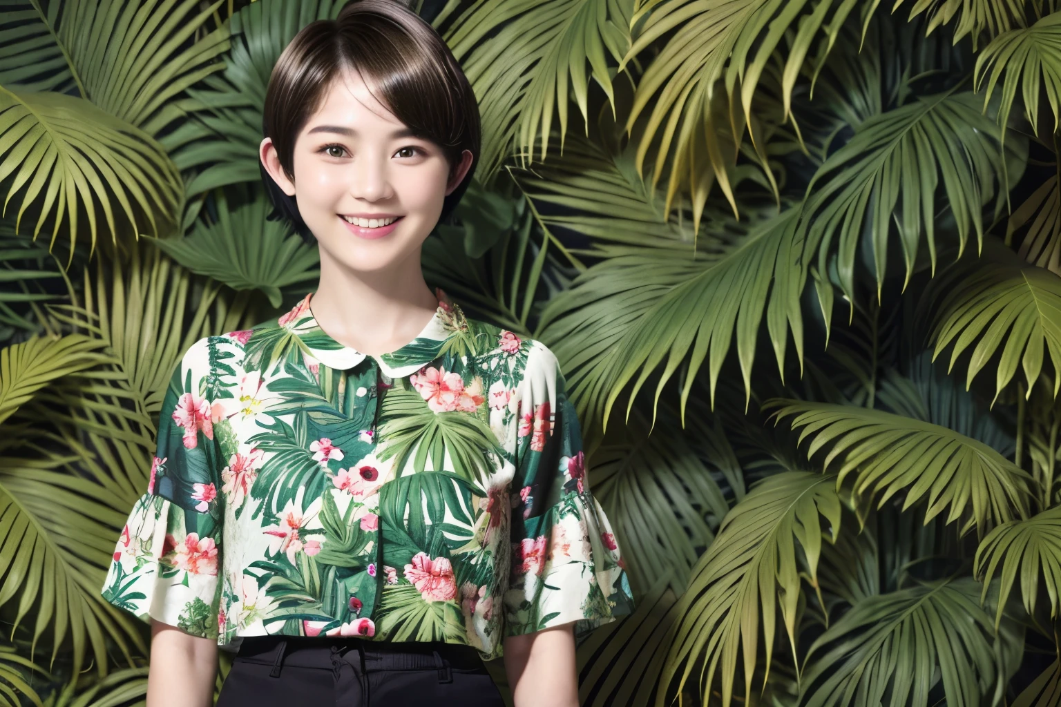 231 (18-year-old female,Floral clothes), ((short hair:1.46)), (Pants Style), (A kind smile), (Jungle Pattern)