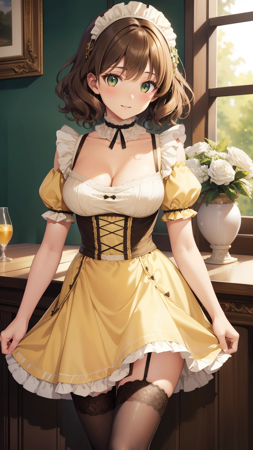 green eyes, brown hair, curly hair, masterpiece, best quality, high resolution, beautiful detailed eyes, extremely detailed face, good lighting, detailed CG, short hair, light smile, large breasts, skinny, yellow maid dress, short puffy sleeves, small maid skirt, thigh highs, collarbone, cleavage, detached collar