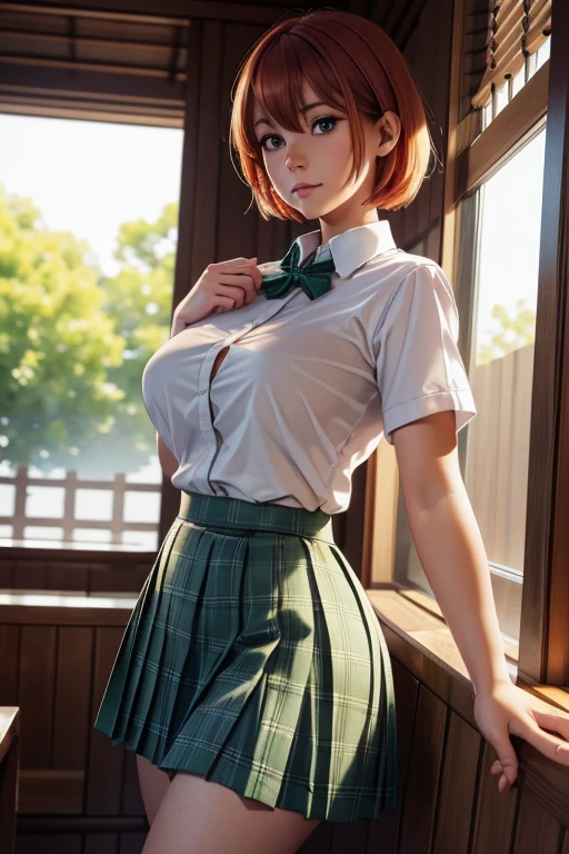 Sauna room , steam , waistband of skirt is at the point above chest , plaid skirt , pleated skirt , Tight shirt , white Shirt , school girl , skirt under breasts , skirt is near breasts area , skirt is adjacent to the chest , (masterpiece, best quality, hires, high resolution:1.2, 4k, 8k , high quality), extremely detailed, realistic, intricate details, highres, 1girl, solo, (large breasts, thick thighs, wide hips), arched back,(cinematic lighting, sunlight, perfect lighting, backlighting), eye-level shot, extreme close-up-shot, looking at viewer, , green skirt nakano_yotsuba_ecsta, blue eyes, orange hair, hair ribbon, nakano yotsuba, short hair, green ribbon, hair between eyes , big breasts , big tits