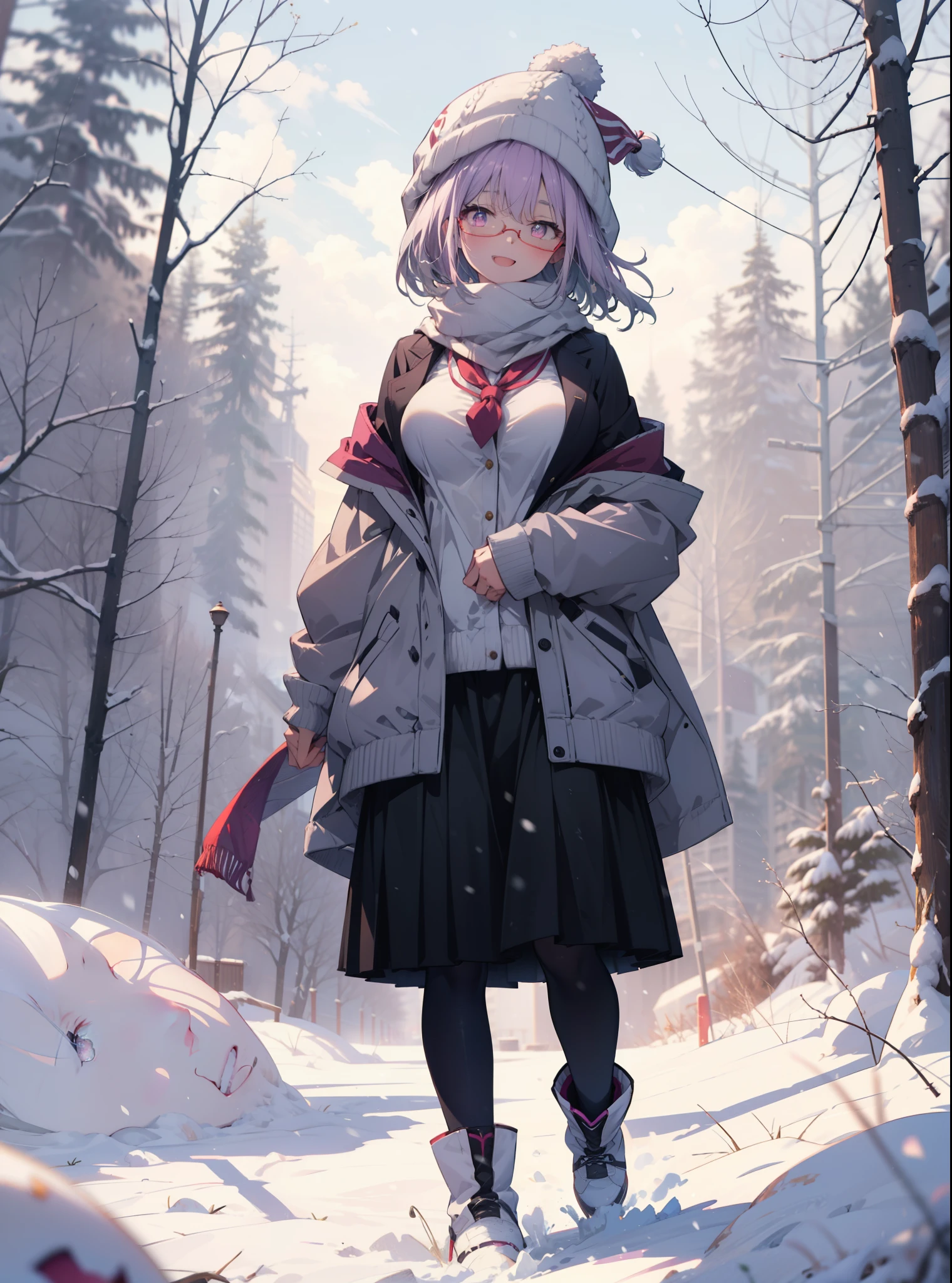 akaneshinjou, shinjou akane, Light purple hair, (Pink Eyes:1.2), short hair,Akagi Glasses,hair band,,White Breath,Big Breasts,Purple coat,White sweater,happy smile, smile, Open your mouth,Black long skirt,Gray pantyhose,Red scarf,short boots,Knitted hat,Daytime,cloudy,snow,snowが降り積もっている,whole bodyがイラストに入るように,Looking down from above,
 break looking at viewer,whole body,               　　　　　　　 break outdoors 森, nature, 　　　　　　　　　　　break (masterpiece:1.2), highest quality, High resolution, unity 8k wallpaper, (shape:0.8), (Beautiful and beautiful eyes:1.6), Highly detailed face, Perfect lighting, Extremely detailed CG, (Perfect hands, Perfect Anatomy),