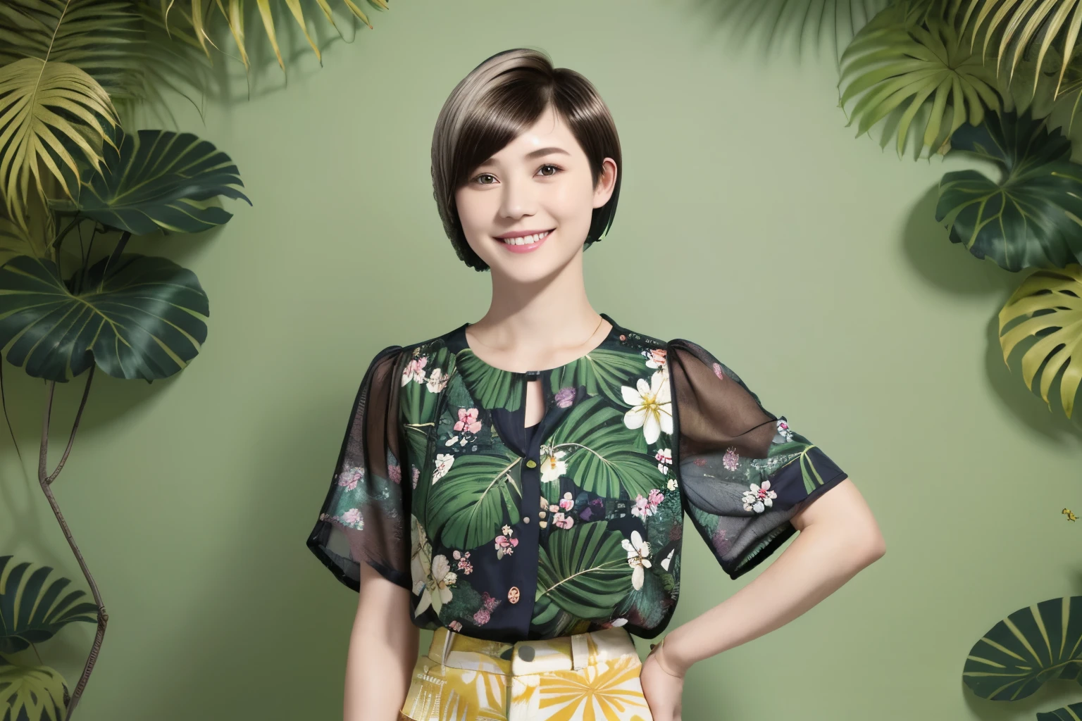 231 (18-year-old female,Floral clothes), ((short hair:1.46)), (Pants Style), (A kind smile), (Jungle Pattern)