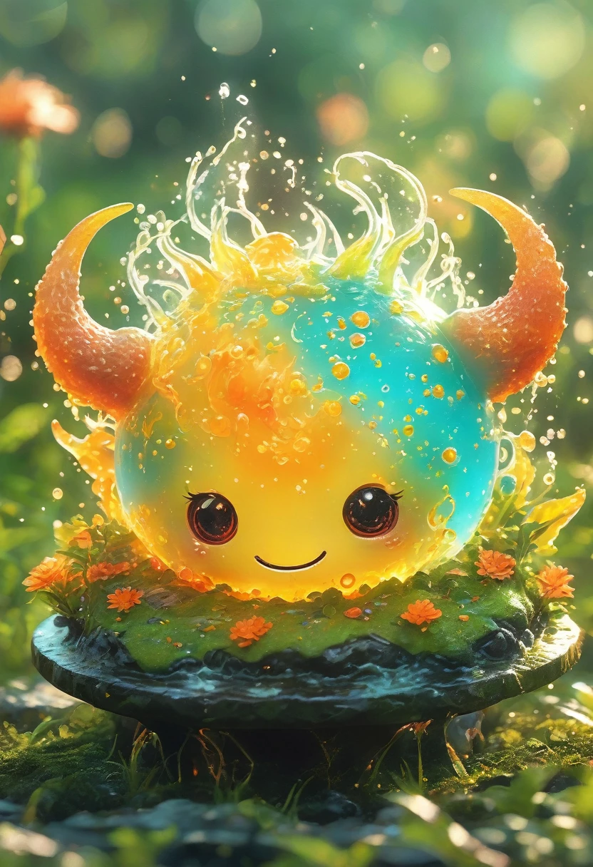 best quality, very good, 16K, Ridiculous, Extremely detailed, Cute round slime demon，Has horns made of translucent boiling lava, Background grassland（（A masterpiece full of fantasy elements）））， （（best quality））， （（Intricate details））（8k）