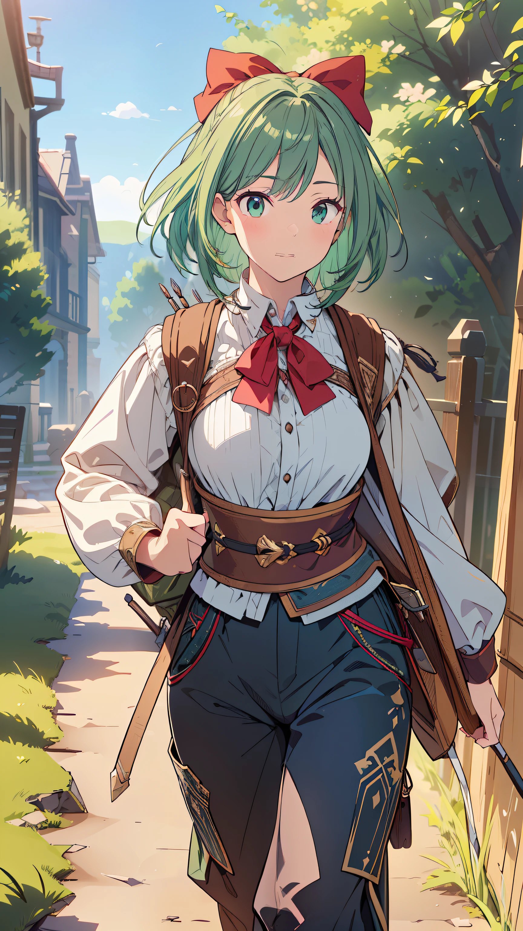 ((Top quality, 4k, 8k, high resolution, masterpiece: 1.2))), (super detailed), (realistic), (photorealistic), (photorealistic: 1.37), (HDR, UHD), (studio (lighting), ultra-fine drawing, sharp focus, physically based rendering, highly detailed, professional, vibrant colors, fantasy, medieval europe, hunter, Archer, green hair, middle hair, With an indifferent expression, dressed lightly and carrying a bow and quiver of arrows on her back, pantaloons, walking,