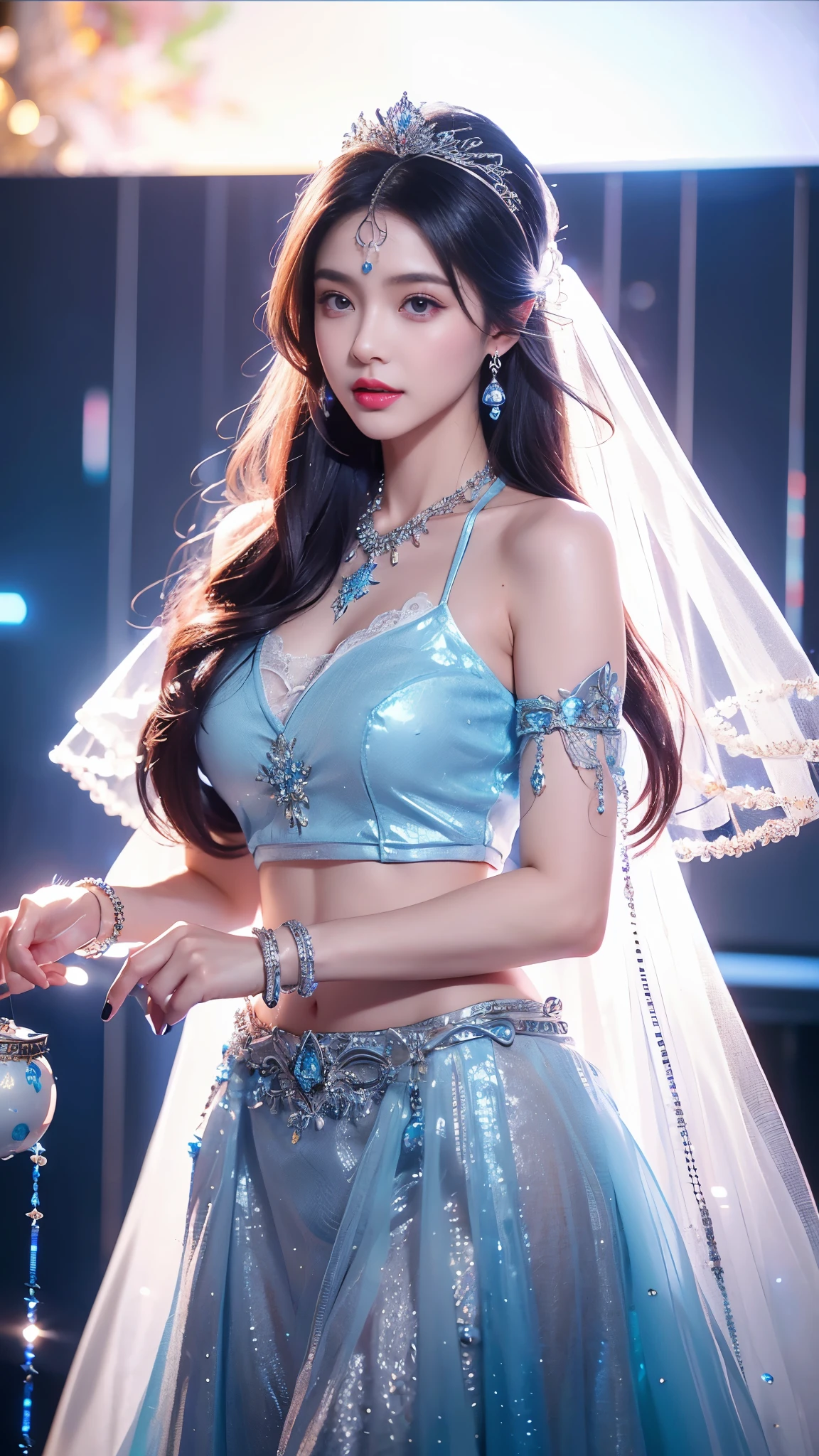 4K, UHD, masterpeice, 1 girl, good face, happy face, ((white skin)), detailed eyes, detailed lipstick, very long hair, straight hair, very long hair, beautiful hair, hair ornaments, hairband, gradient hair, ((blue mesh)), ((princess clothing)), ((decorated clothing)), ((sardine)), ((sparkle clothing)), ((blue lace)), ((diamond bracelet)), ((pendant)), ((ornaments:1.5)), waist, necklace, earring, high lighting, ((in the wedding stage)), fujicolor, depth of field, ray tracing, ultra realistic detailes, standing with the wall,