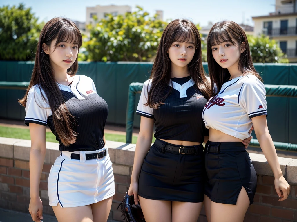 (RAW photo, 4k, masterpiece, high resolution, extremely complex) (realistic: 1.4), cinematic lighting
((2 girls)),Slam Dunk's,blushing,((innocent)),(Dark makeup),bright eyes,round eyes,blunt bangs,(straight hair:1.3),black hair,large breasts,wide hips,Summer Noon, 20 year old girl、cute type、ta,Hot, (Best Quality), (Highres), (an Extremely Delicate and Beautiful),(Beautiful 8k face),(Brown eyes),short bob hair,( spectators),(gigantic breasts),(Play with each other,Touching each other's bodies,Touching the body),((Baseball Uniforms), a miniskirt, Toned buttocks),(reality),bright lighting,(The background is a luxury hotel room)