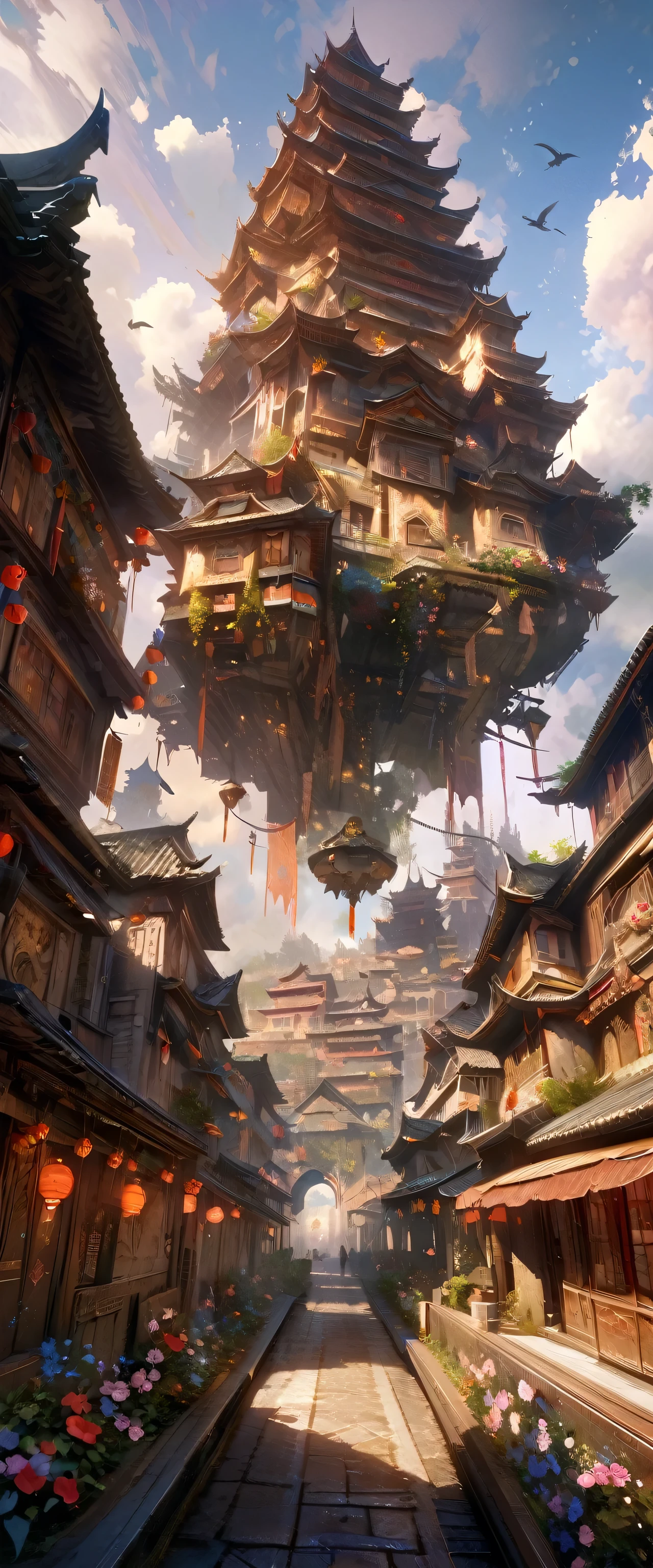 arafed view of a village with a lot of Light on the buildings,color (Fantasy: 1.2), (Cyberpunk Chinese Ancient Castle,), (Irregular red building floating above clouds), Patchwork Cottage, Floral decoration, Light, Chinese cities, (Sky City), Ross Tran, Light shaft, Realistic lighting, masterpiece, high quality, Beautiful graphics, High detail, masterpiece, high quality, Beautiful graphics, High detail, , Birds flying in the sky, Unreal Engine 5, 