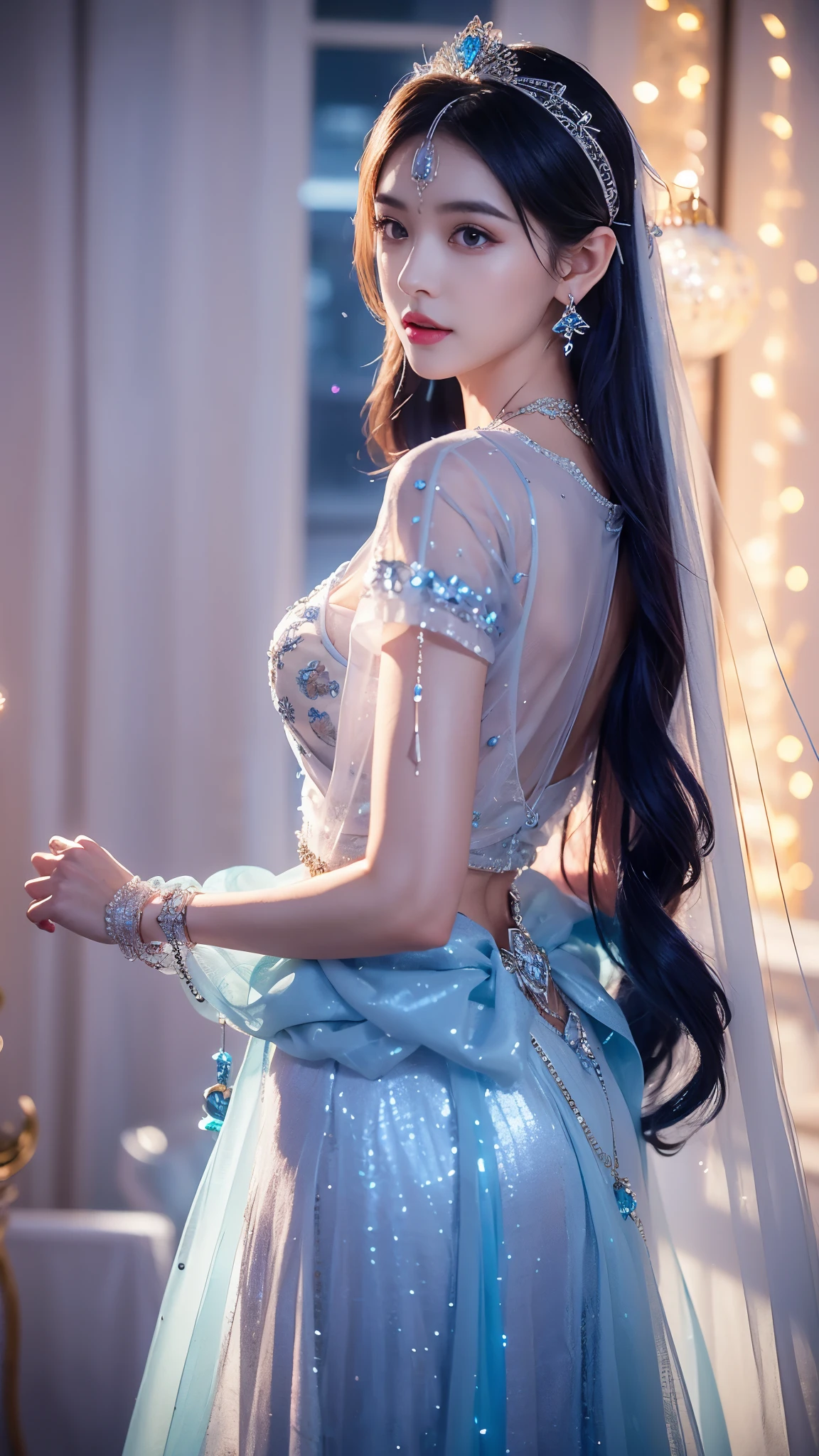 4K, UHD, masterpeice, 1 girl, good face, happy face, ((white skin)), detailed eyes, detailed lipstick, very long hair, straight hair, very long hair, beautiful hair, hair ornaments, hairband, gradient hair, ((blue mesh)), ((princess clothing)), ((decorated clothing)), ((sardine)), ((sparkle clothing)), ((blue lace)), ((diamond bracelet)), ((pendant)), ((ornaments:1.5)), waist, necklace, earring, high lighting, ((in the wedding stage)), fujicolor, depth of field, ray tracing, ultra realistic detailes, standing with the wall,