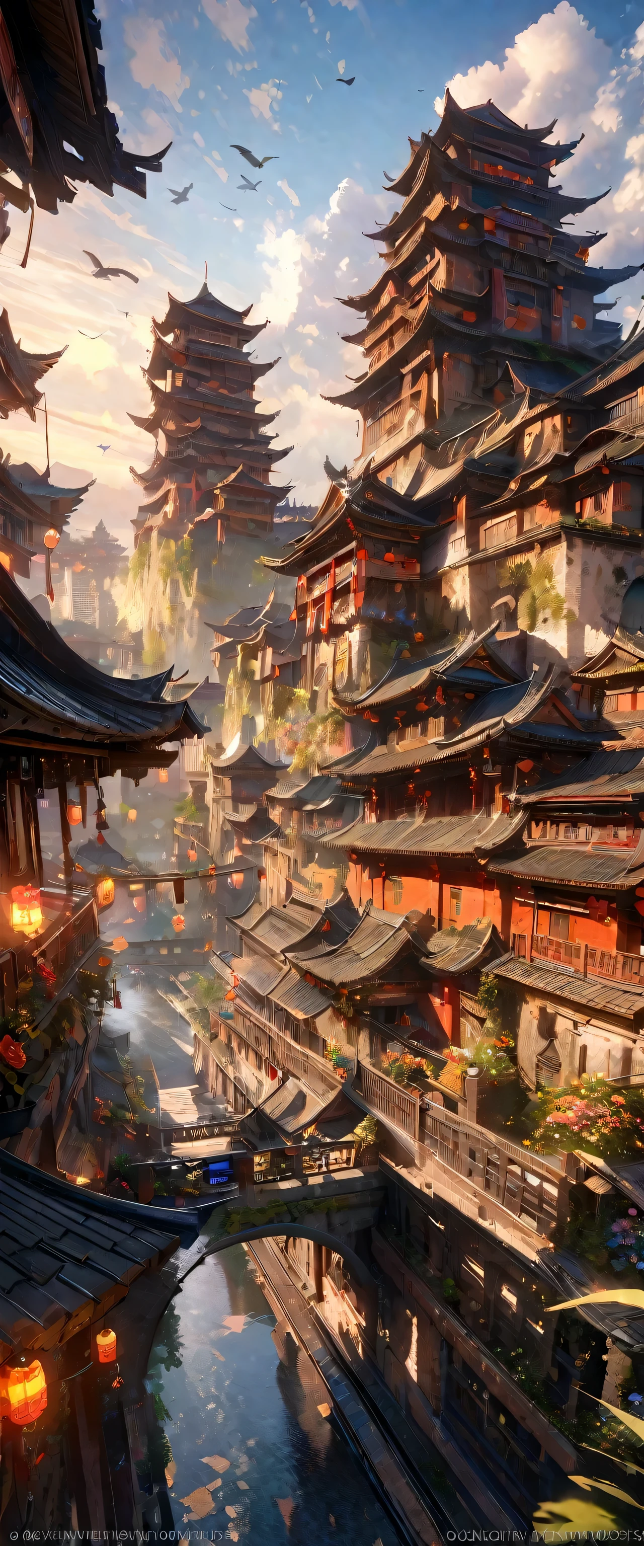 arafed view of a village with a lot of Light on the buildings,color (Fantasy: 1.2), (Cyberpunk Chinese Ancient Castle,), (Irregular red building floating above clouds), Patchwork Cottage, Floral decoration, Light, Chinese cities, (Sky City), Ross Tran, Light shaft, Realistic lighting, masterpiece, high quality, Beautiful graphics, High detail, masterpiece, high quality, Beautiful graphics, High detail, , Birds flying in the sky, Unreal Engine 5,