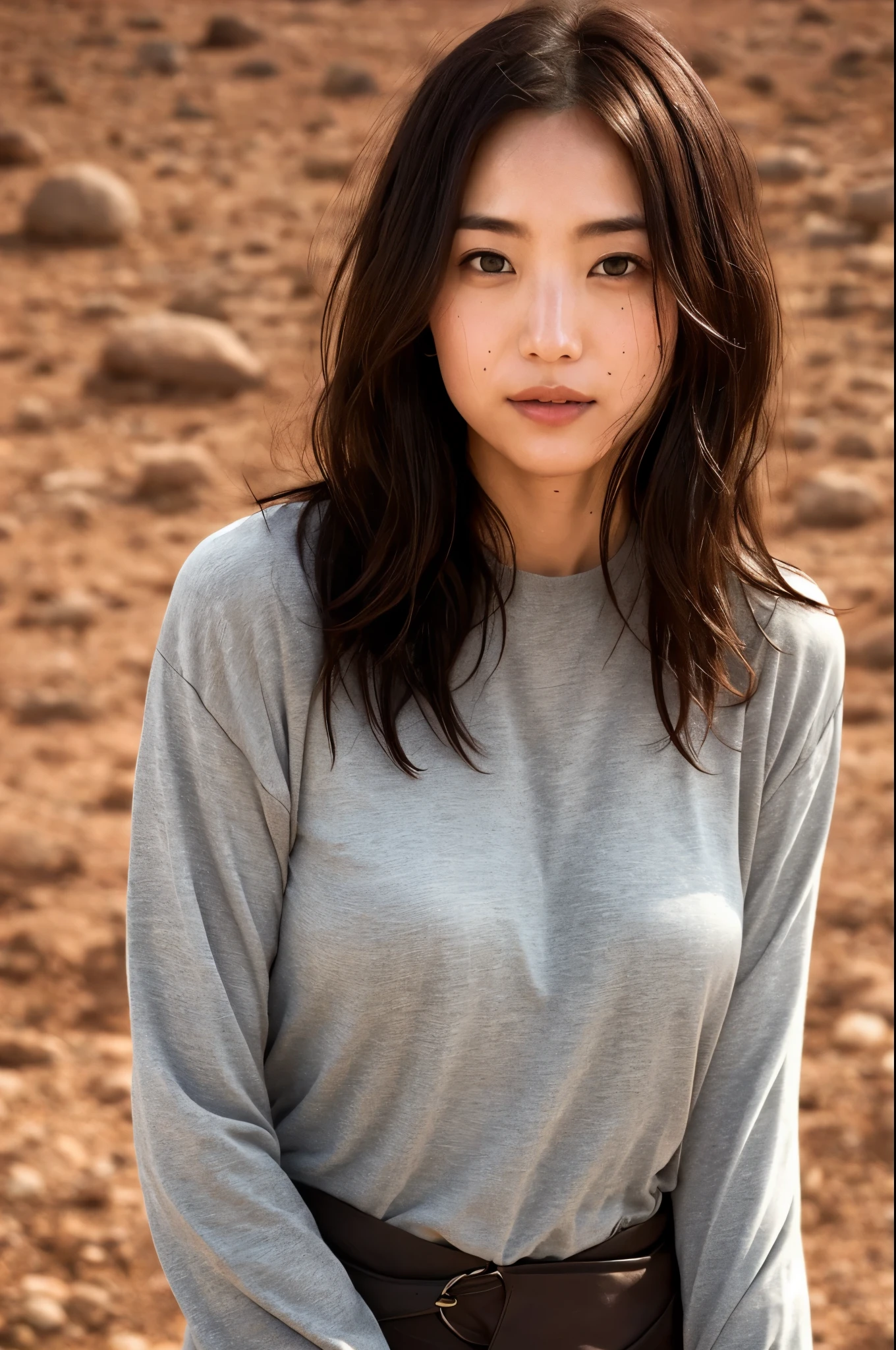 future、Beautiful Eyes、 ((highest quality)), Gravure idol、 Clear contours, Woman with pretty face, (((One girl,alone))), ((Beautiful brown eyes)), sex appeal,Focus on the eyes、Bob Hair、Anatomically correct body,Narrow waist、Sexy Girl, Albedo and Specular Maps、Accurate simulation of lightweight material interactions、From below見上げる、,From below、Gray filter、lipstick、desert、Sweat、Sweat、Sweat、Mars、walk、science fiction