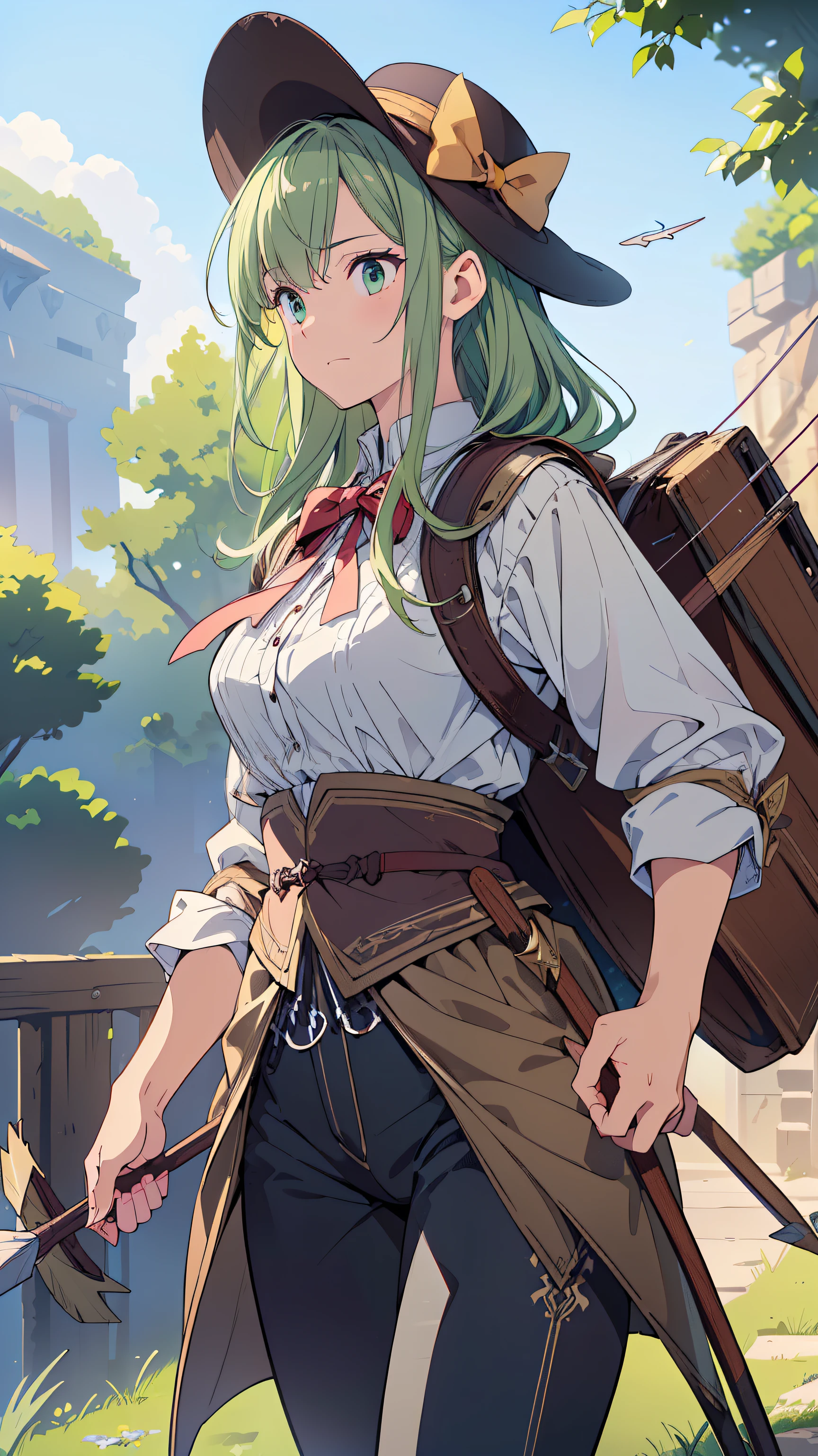 ((Top quality, 4k, 8k, high resolution, masterpiece: 1.2))), (super detailed), (realistic), (photorealistic), (photorealistic: 1.37), (HDR, UHD), (studio (lighting), ultra-fine drawing, sharp focus, physically based rendering, highly detailed, professional, vibrant colors, fantasy, medieval europe, hunter, Archer, hunter's hat, whole body, green hair, middle hair, With an indifferent expression, dressed lightly and carrying a bow and quiver of arrows on her back, pantaloons, walking, looking to the side,