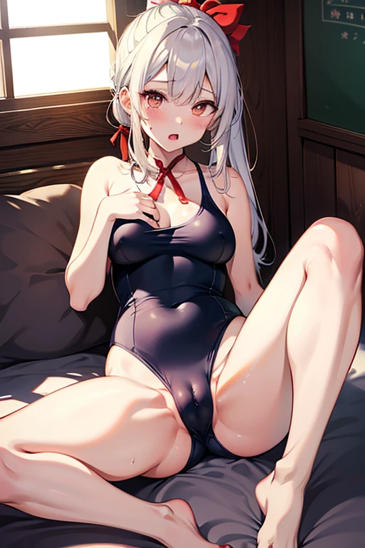 Nishikigi Sensoku、One girl、Clear skin、Beautiful Face、Beautiful eyes、White Hair、Red ribbon、one ponytail、Brown eyes、(sexual behavior:1.3)、(Penis is inserted:1.4)、Large Breasts、(Shoot from the front)、Curvaceous、(White school swimsuit Are broken:1.3)、(spread your legs wide with both hands:1.4)、On the bed、A painful face、Drooling、Sweat、Open your mouth、orgasm、View your viewers、Down to the last detail、Perfect Anatomy、Mastepiece、Ultra High Quality、High resolution、8k、Wet、