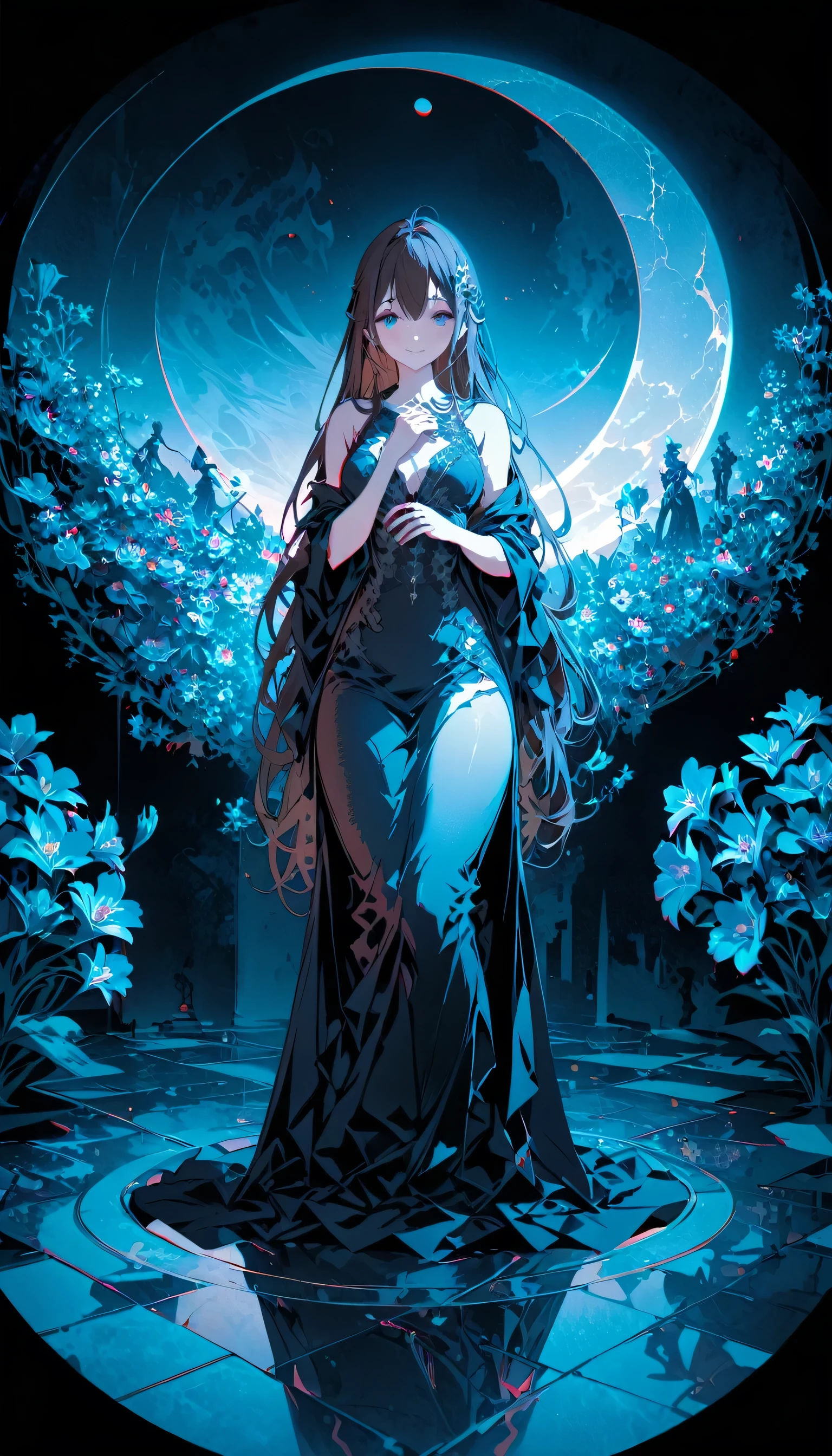 (masterpiece),(highest quality), figure, (Fantasy:1.4), Brown long hair, Long eyelashes, Round eyes, A light smile, Surrealism, Cast a Shadow, Anaglyph, Stereogram, Atmospheric perspective, 8k, Super detailed, Accurate, highest quality, Ultra-high resolution, Textured skin, Long dress, moon, Flowers , paper_cut