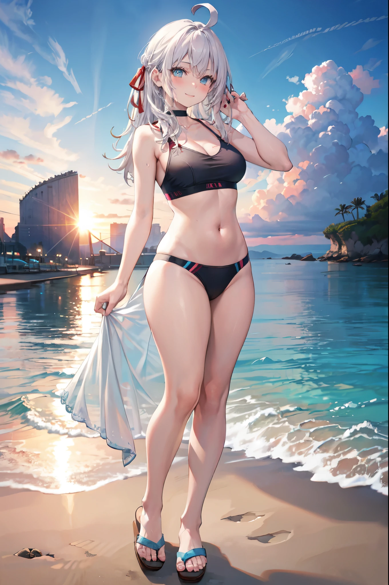 realistic image, detailed image, coherent image, 1 beautiful girl, she has very long hair, white hair, light blue eyes, smiling expression. She is wearing a swim bra, a thin swim thong, slippers, She has a curvy body, medium breasts and thick thighs, She is posing sensually, arching her back, you can see a beach in the background, palm trees and waves, sunset, twilight, Focus soft, full body view, Dramatic shadows, Volumetric lighting, natural lighting,Alisa Mikhailovna Kujou,ahoge,long hair,grey hair,hair intakes,hair ribbon