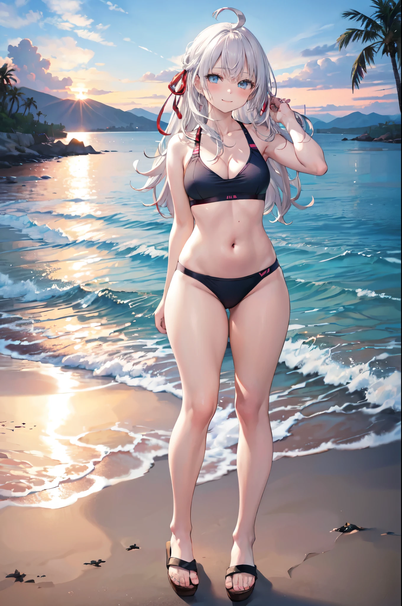 realistic image, detailed image, coherent image, 1 beautiful girl, she has very long hair, white hair, light blue eyes, smiling expression. She is wearing a swim bra, a thin swim thong, slippers, She has a curvy body, medium breasts and thick thighs, She is posing sensually, arching her back, you can see a beach in the background, palm trees and waves, sunset, twilight, Focus soft, full body view, Dramatic shadows, Volumetric lighting, natural lighting,Alisa Mikhailovna Kujou,ahoge,long hair,grey hair,hair intakes,hair ribbon