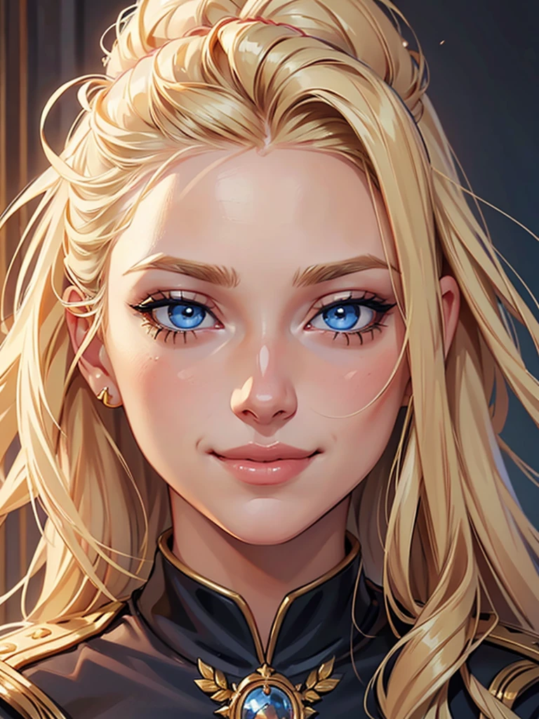 Incredibly beautiful young fatal blonde with golden hair, she has blue eyes, long golden hair beautifully styled, Masterpiece, detailed study of the face, beautiful face, beautiful facial features, perfect image, realistic pictures, detailed study of faces, full-length image, 8k, detailed image, extremely detailed illustration, a real masterpiece of the highest quality, with careful drawing. detailed eyes, beautiful face, blue eyes, smoky eyes, blonde long hair with a red ribbon, blonde, smile,