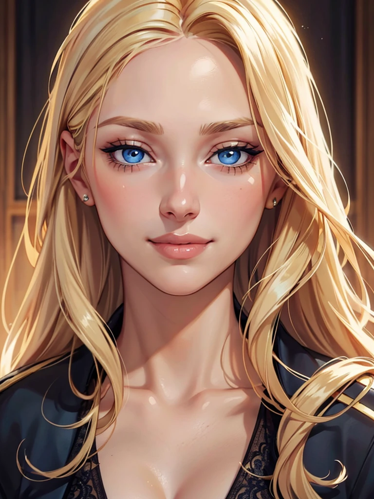 Incredibly beautiful young fatal blonde with golden hair, she has blue eyes, long golden hair beautifully styled, Masterpiece, detailed study of the face, beautiful face, beautiful facial features, perfect image, realistic pictures, detailed study of faces, full-length image, 8k, detailed image, extremely detailed illustration, a real masterpiece of the highest quality, with careful drawing. detailed eyes, beautiful face, blue eyes, smoky eyes, blonde long hair with a red ribbon, blonde, smile,