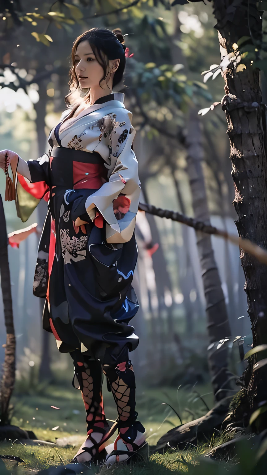 ((Forest background:1.5)、Female ninja fighting in the forest)、(Realistic、Like a photograph、Live Action、8k, Photorealistic, RAW Photos, Best image quality: 1.4), Single-lens reflex camera、RAW Photos, highest quality, Realistic, Highly detailed CG Unity 8k wallpaper, Written boundary depth, Cinematic Light, Lens flare, Ray Tracing, Realistic background、((waso:1.5、kimono、ninjya:1.3、kunoichi:1.4)、Sexy Ninja:1.37、Get into a fighting stance:1.3、Ninjutsu activation:1.2、Trained abdominal muscles、Cleavage、Big Breasts)、Grey Hair、short hair、Standing in the forest、Night Village、((Ultra-dense skin))、 1 girl,Cute Kunoichi、((whole body:1.5),Looking at the audience:1.1、Glare、I like that style、Pay attention to the details、The perfect outfit、(White skin)、An accurate portrait、Accurate Arm、Accurate feet、Beautiful legs、Precise thighs、View from the front