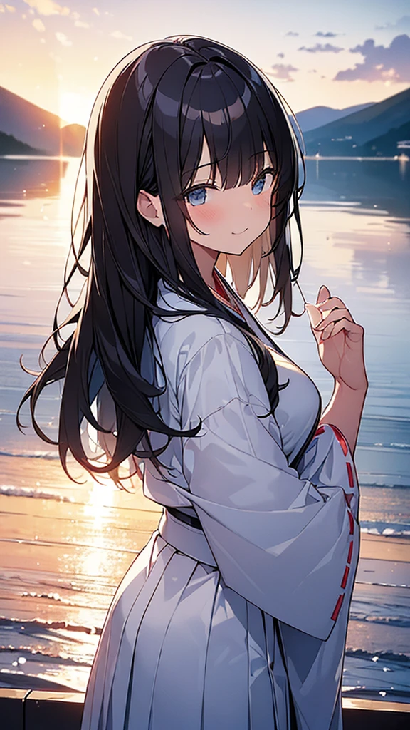 (Masterpiece, Top quality: 1.5) ,4K, close up, 1 beautiful girl, solo, black hair, wave goodbye, (white hakama :1.3), off shoulder, long hair, wave hair, (junior high school student:1.2), medium breasts, standard weight, smile:13, blush:1.2, beautiful scene of lake, (all around the lake:1.2), Horizon, magnificent panorama view, sunset, back lighting