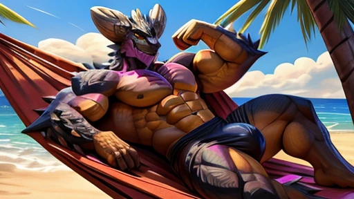 Nergigante muscular, flexing, flirtatious Expressions, stylized, beach pinup, reclining in a hammock, rubbing his erect bulge