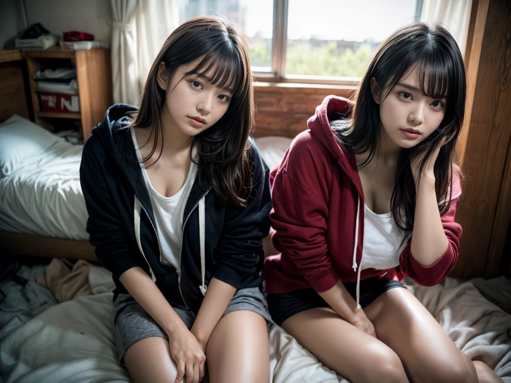 master piece, best quality, illustration, Super detailed, fine details, High resolution, 8K,wall paper, perfect dynamic composition,(Details High quality, realistic depiction of eyes:1.3), ((2 girls)),Tattered clothes, (slum quarters), The collapsed room, Inside the barrack tent, refuge, wearing a tattered and dirty black hoodie., Wearing baggy pants, dirty body, Tragic, (Messy long hair), Layered Cut,Play with each other,Touching each other's bodies,Touching the body of the girl next door, black hair color, Big Natural Color Lip, crying a little、cold gaze, 20 year old girl, Gravure Idol, 、beautiful legs, Voluptuous thighs, huge breasts