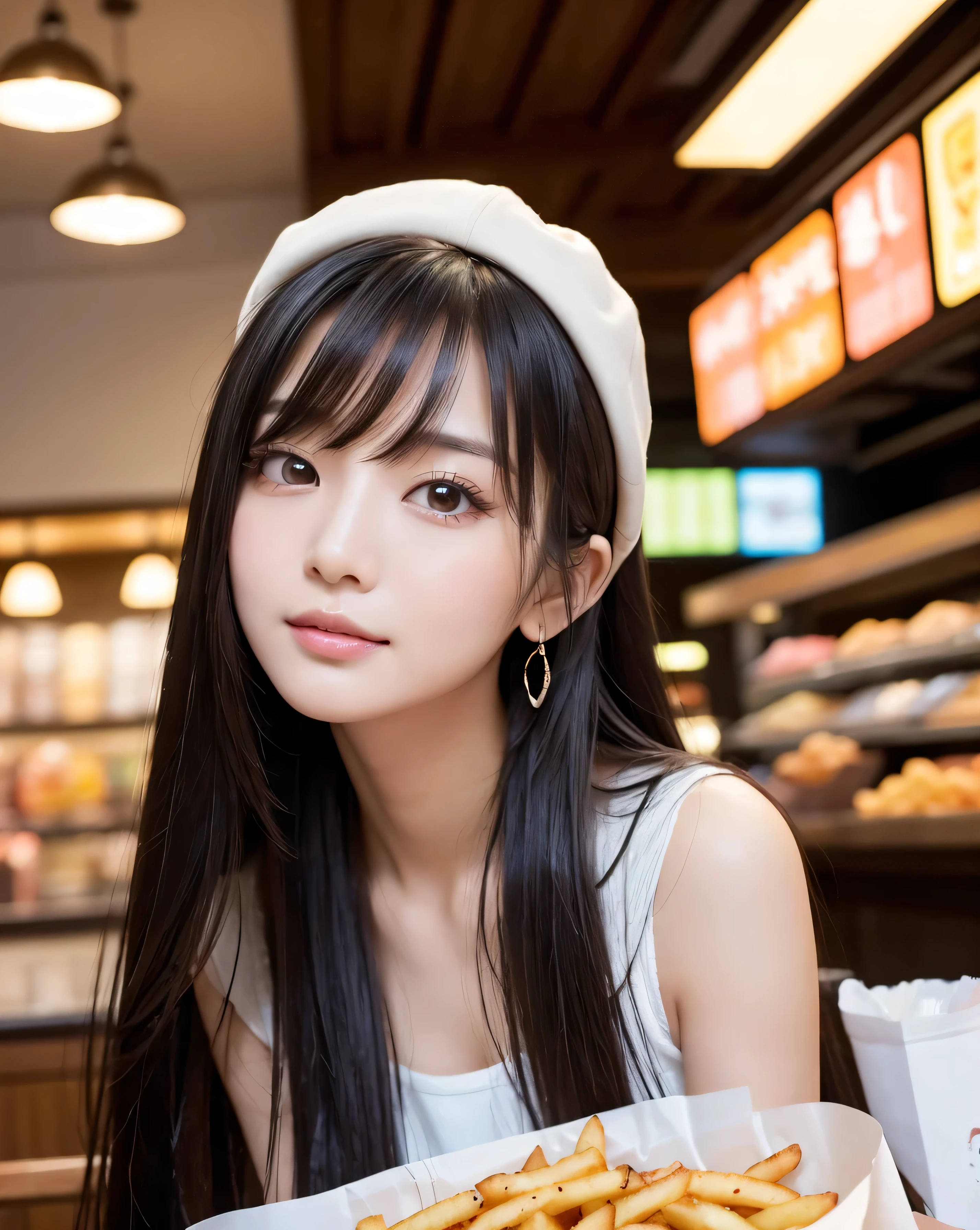 (highest quality, 32k, High resolution, Masterpiece:1.5, ), marimo_jet, god々A photograph with brilliant dazzling and healing power., Evoking a sense of calm and elusive beauty, Expressing emotions, Have a rich imagination, Beautiful Japanese Girls, Beautiful Japanese Girls, An exceptionally beautiful face, Small Face Beauty, Perfect Human Anatomy, Magical big eyes, Motherhood and generosity, Deep Love, fleeting smile, ((Shiny black hair:1.1)), ((Super long straight silk hair with a brown cap pulled down low)), Asymmetrical bangs, Hair between the eyes, Transparent, soft white skin, Sharp eyebrows, Thin lashes, Natural Makeup, Cheek highlighter, Pale pink detailed lips, , ((Casual and perfect outfit:1.2)), High resolution perfect collarbone, High resolution beautiful bust, Slim figure with ample breasts, High resolutionの美しい太もも, ((Fast Food Shop:1.2)), Sit at a table, Hamburger and fries on a tray on a table, Professional Lighting, Professional photographer, Professional models, God&#39;s Secret