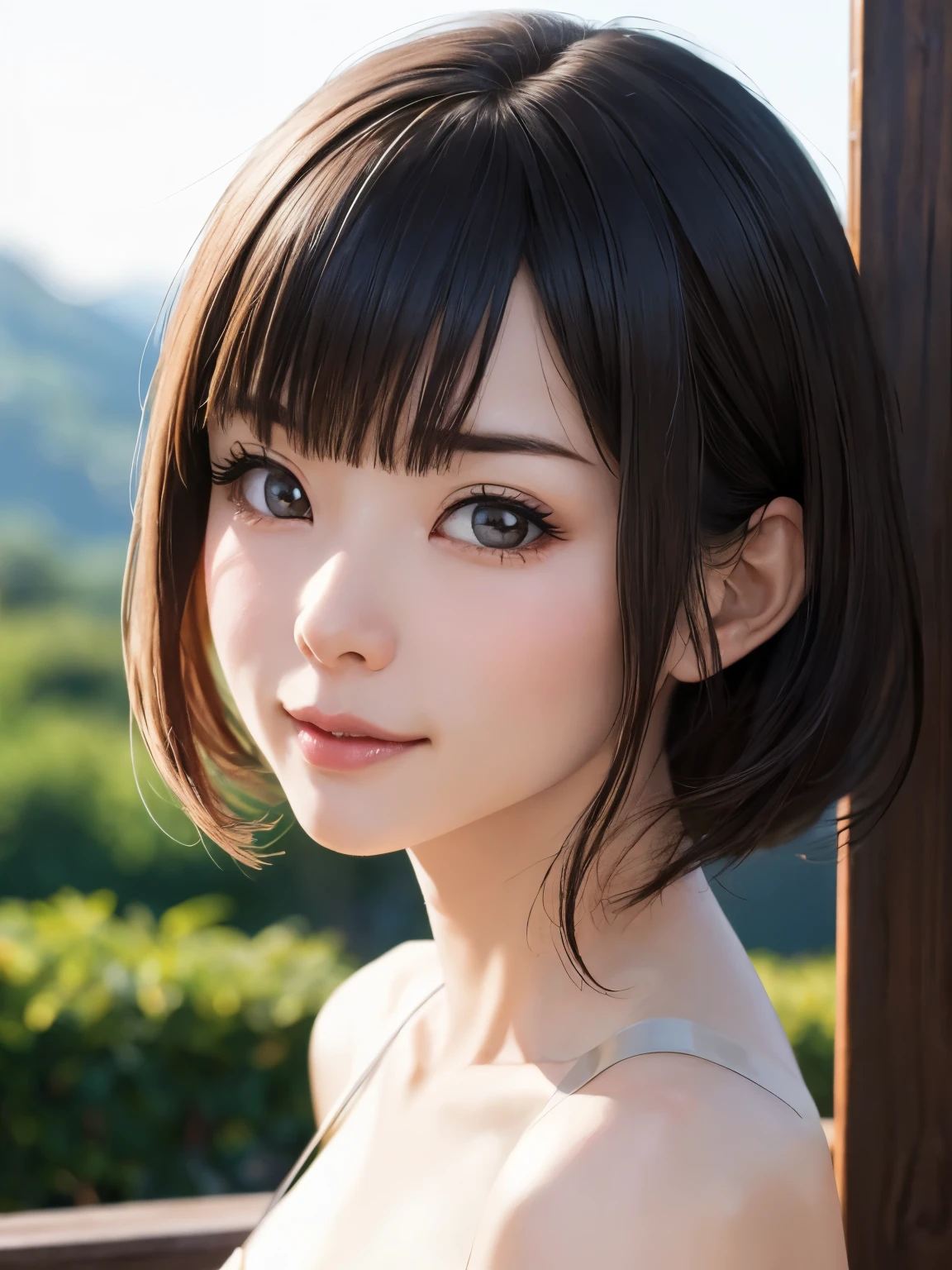 1 girl、highest quality、Realistic、alone、Written boundary depth、Natural soft light、Daytime、charm、Beautiful Face、Cleanliness、Pure Face、White skin、cute、short hair、prohibit、Beach、Light of the sun、Nedium Breast Body Esbian、((セーターを着たBeautiful Faceの黄金比 対称性のあるBeautiful Face, Wearing nothing:2))、Long neck、Listen carefully、prohibitのあるきれいな短いボブヘア、Laugh with your mouth closed、Perfect hands指、Perfect hands、Perfect body、Perfect Face、Shine a light into your eyes、Perfect Anatomy:1.4、とてもcuteスーパーモデル:1.4、{Huge|big|Hugeな|Mega} chest:2, chestの谷間:2、transparent、transparent性、Grossoisture、Shine、Cool feeling、Beautiful gradation blue sky:2