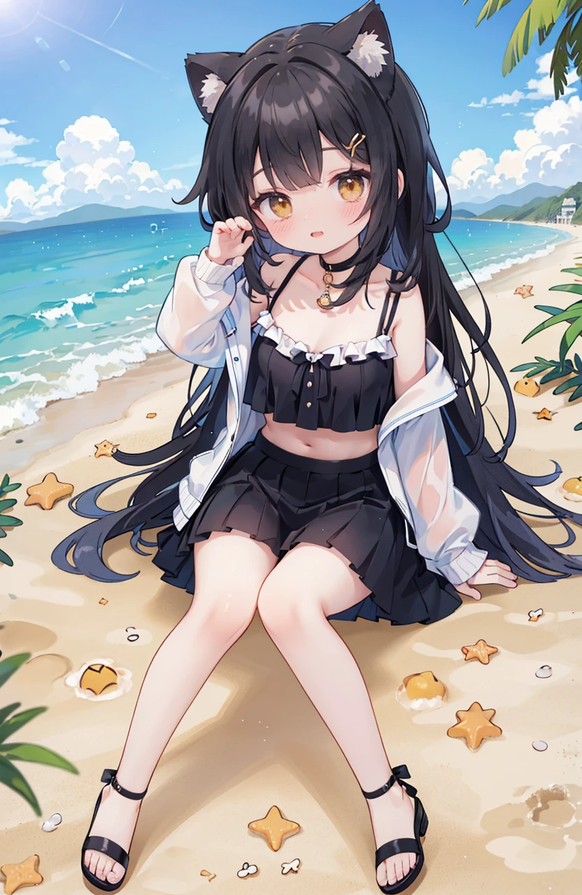 masterpiece,best quality,Official Art,Extremely detailed CG unity 8k wallpaper, 在on the beach, beautiful girl, Kawaii, sitting on the beach with her cat ears up, At the beach, At the beach上,sitting,on the beach,shy,She was pushed down, seductive ,(Kawaii photo pose 1.3),black hair,Yellow eyes, At the beach, in the sea, on a sunny beach, At the beach上, in the seaside,Wearing strappy heels,Black mini skirt,beautiful legs,White coat