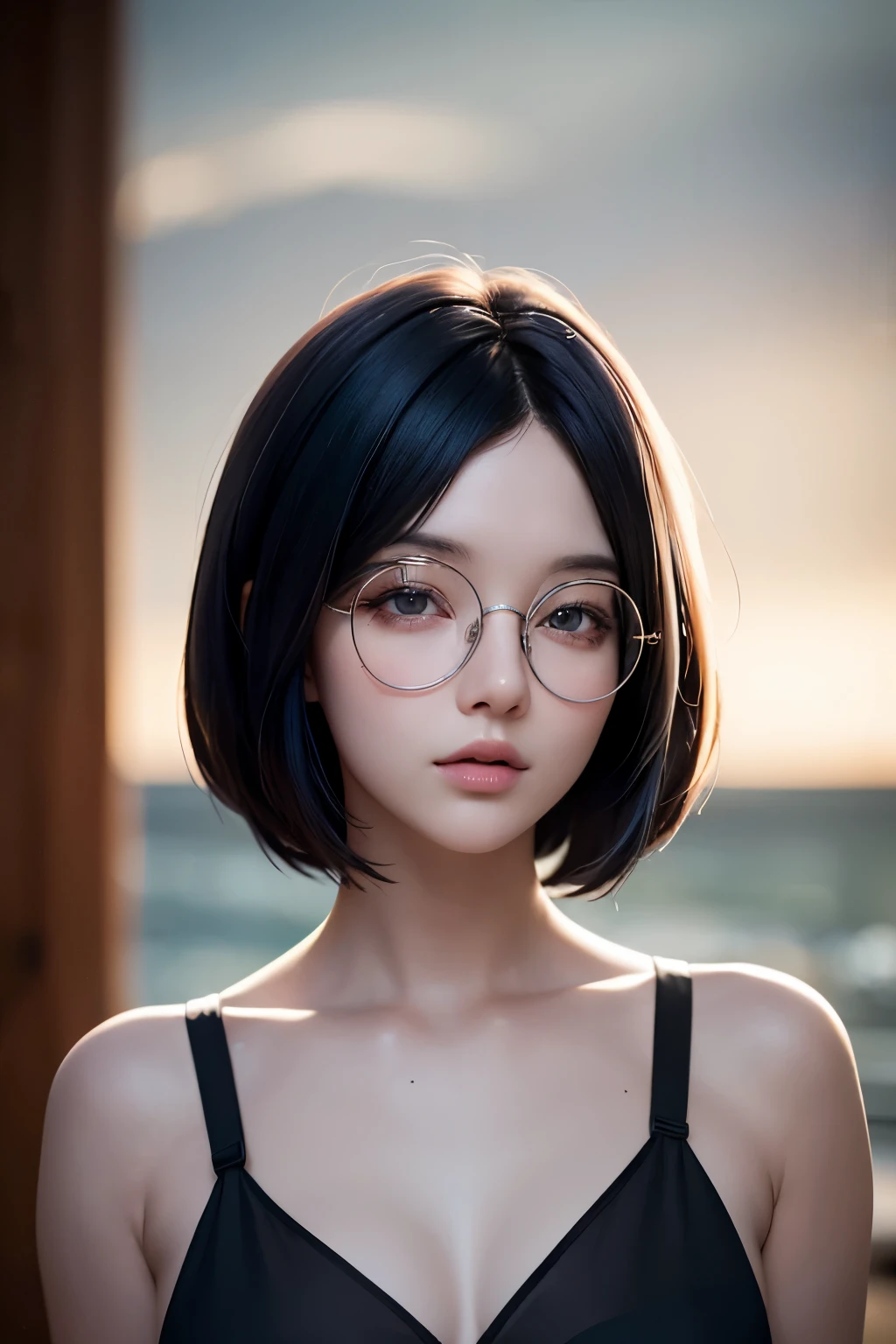 (RAW photo, best quality), (realistic, photo-realistic:1.2), 1girl, high quality, (high detailed skin:1.4), puffy eyes, glasses, gorgeous hair,  (dark room:1.3), (rim lighting:1.3), (dimly lit:1.3), (dark night:1.3), indoors, portrait, sky blue hair, beach background, short hair,  