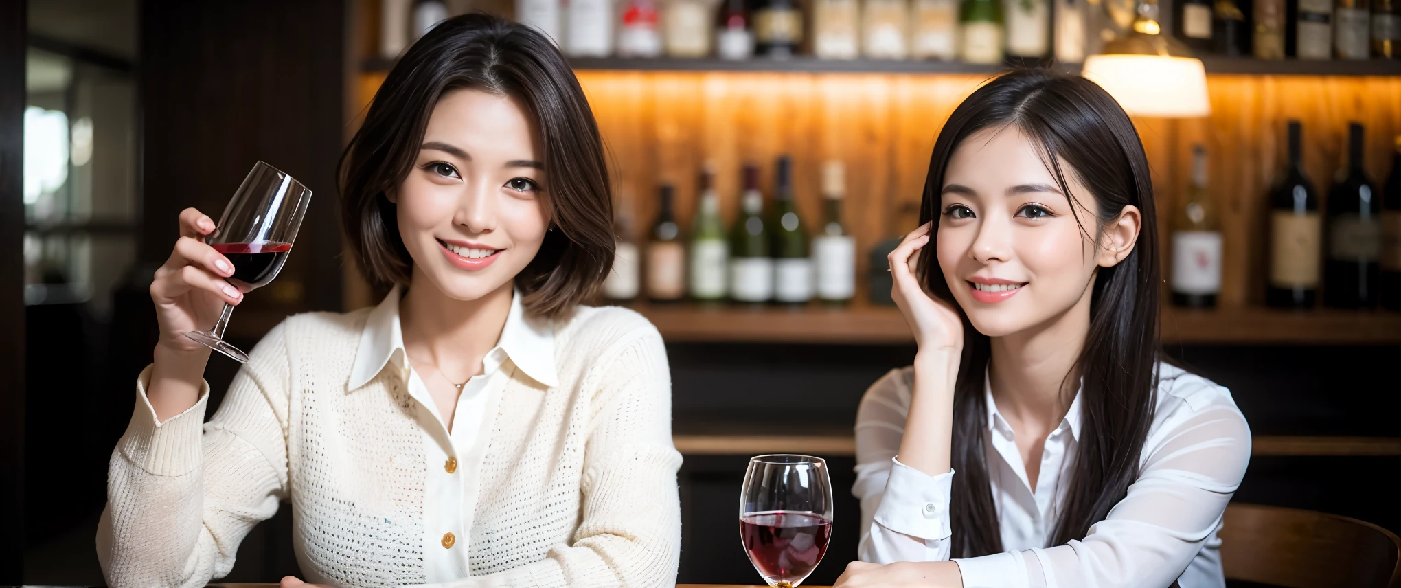 (highest quality、8k、masterpiece:1.3)、Beautiful woman with perfect figure:1.4、Dark brown hair、Wine Party 、2 people、Highly detailed face and skin、Fine grain、double eyelid、Huge Mile、30th generation、Sex Appeal、テーブルにwine glass、Facial lighting、 Amazing view of the sunset sky and clouds、Amazing mountain views、ニコニコ明るいsmile、smileの素敵な女性、Bright image、 Beautiful Face, blue eyes, Blushing, short hair,Bright Face、 (Age 37), 39 years old, Lady、red wine 、Appetizers、Italian food、wine bottle、Champagne、sparkling wine、Two beauties、Brown Hair、Shortcuts、Long sleeve shirt、dress、Pretty Woman 1, (slimな顔), (The body is slim), (Brown Hair), (Shortcuts), cheeks turn a little red,Attractive beauty、restaurant, In a prominent place (From the waist up) Nova Frog Style, actress, model, Upper Body, White wine, slim, wine glass, 真ん中に置かれたwine glass, smile, (smile: 1.15), Beautiful fine grain, Depth f/2,saturation, High Contrast, Strong light and shadow,Moist Body:1.5、3D texture、Delicate eyes、Brown Hair、The hair is very shiny、