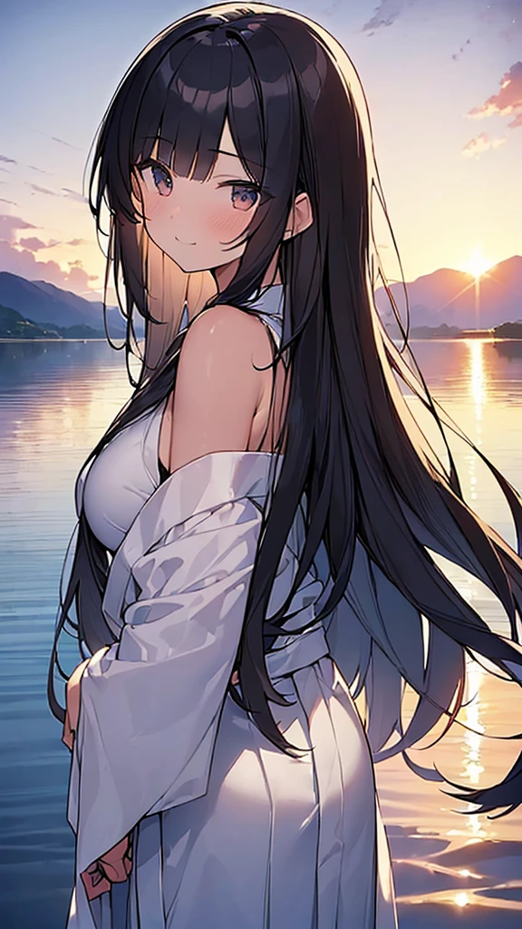 (Masterpiece, Top quality: 1.5) ,4K, close up, 1 beautiful girl, solo, black hair, (white hakama :1.3), off shoulder, long hair, wave hair, (:1.2), medium breasts, standard weight, smile:13, blush:1.2, beautiful scene on lake, (all around the lake:1.2), Horizon, magnificent panorama view, sunset, back lighting