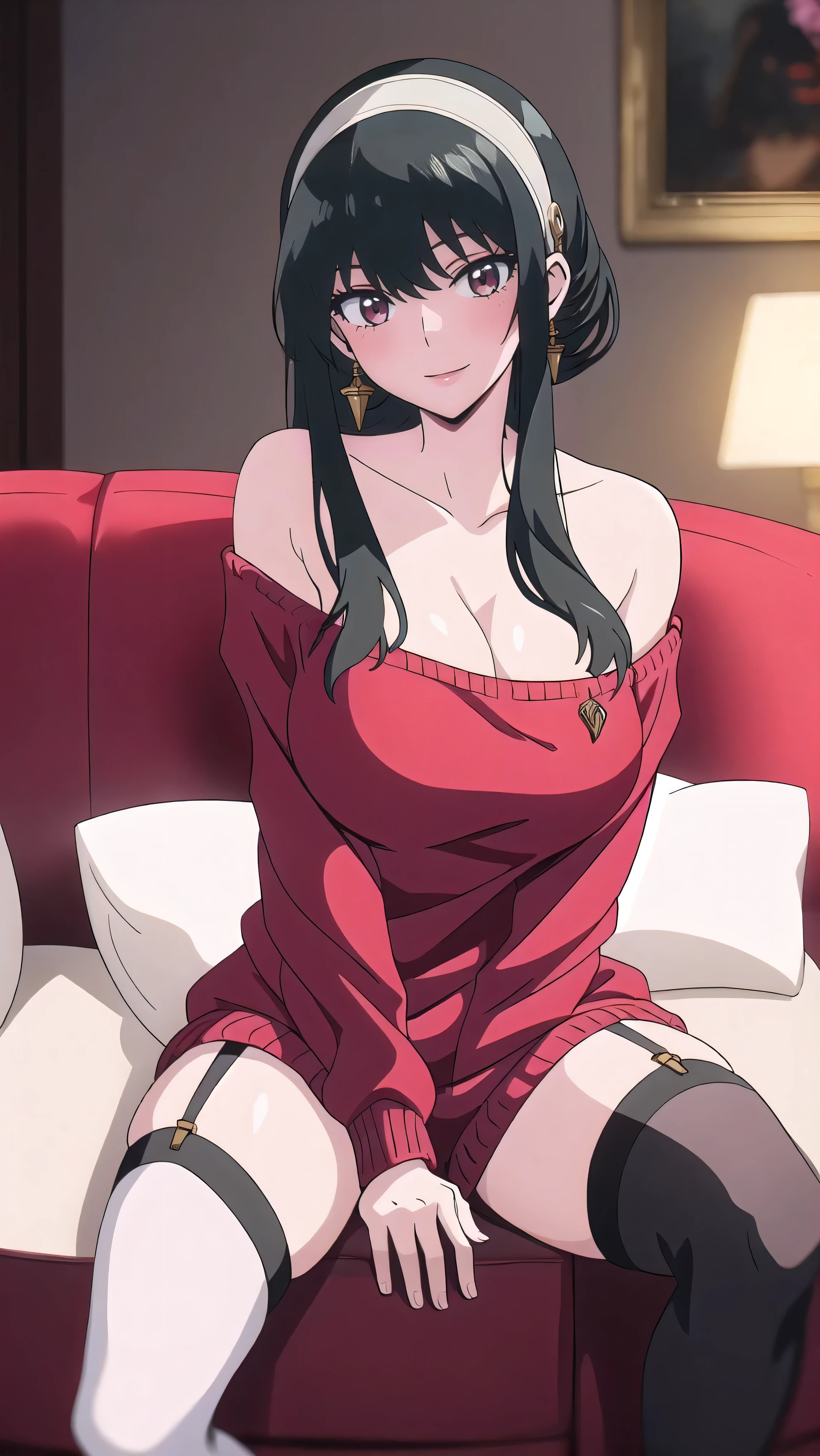 ((((Masterpiece)))), beautiful details, perfect focus, uniform 8K wallpaper, 4320p, high resolution, exquisite texture in every detail, Medium shot photograph, 1girl, solo, long hair, breasts, looking at viewer, blush, smile, bangs, black hair, red eyes, thighhighs, dress, cleavage, bare shoulders, jewelry, sitting, closed mouth, collarbone, flower, thighs, hairband, earrings, black thighhighs, indoors, off shoulder, huge breasts, sweater, rose, garter straps, red flower, couch, white hairband, on couch, sweater dress, off-shoulder sweater, red sweater, gold earrings, open legs, spread legs, white pantsu, openpussy.detailed, both hands well drawn and drawn with great precision in every detail, well drawn and drawn hands, yor briar,anime,