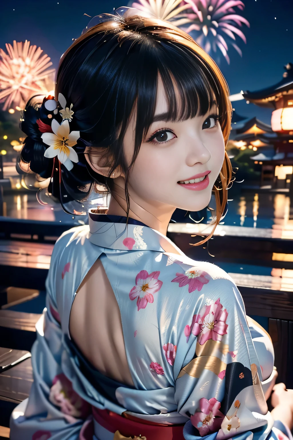 (looking back at the viewer),(high angle,from above,cleavage),♥(Japanese beautiful flower printed kimono,yukata),((1girl,cute,young,semi long beautiful black hair,blunt bangs,twin tales,beautiful eyes)),(solo),((masterpiece, highest resolution,best quality)), (beautiful illustration),(Japanese beautiful flower printed kimono,yukata),
(looking back at the viewer), innocent laugh,cinematic lighting,Japanese Festival,stall,fireworks,night sky,full moon,shooting star,