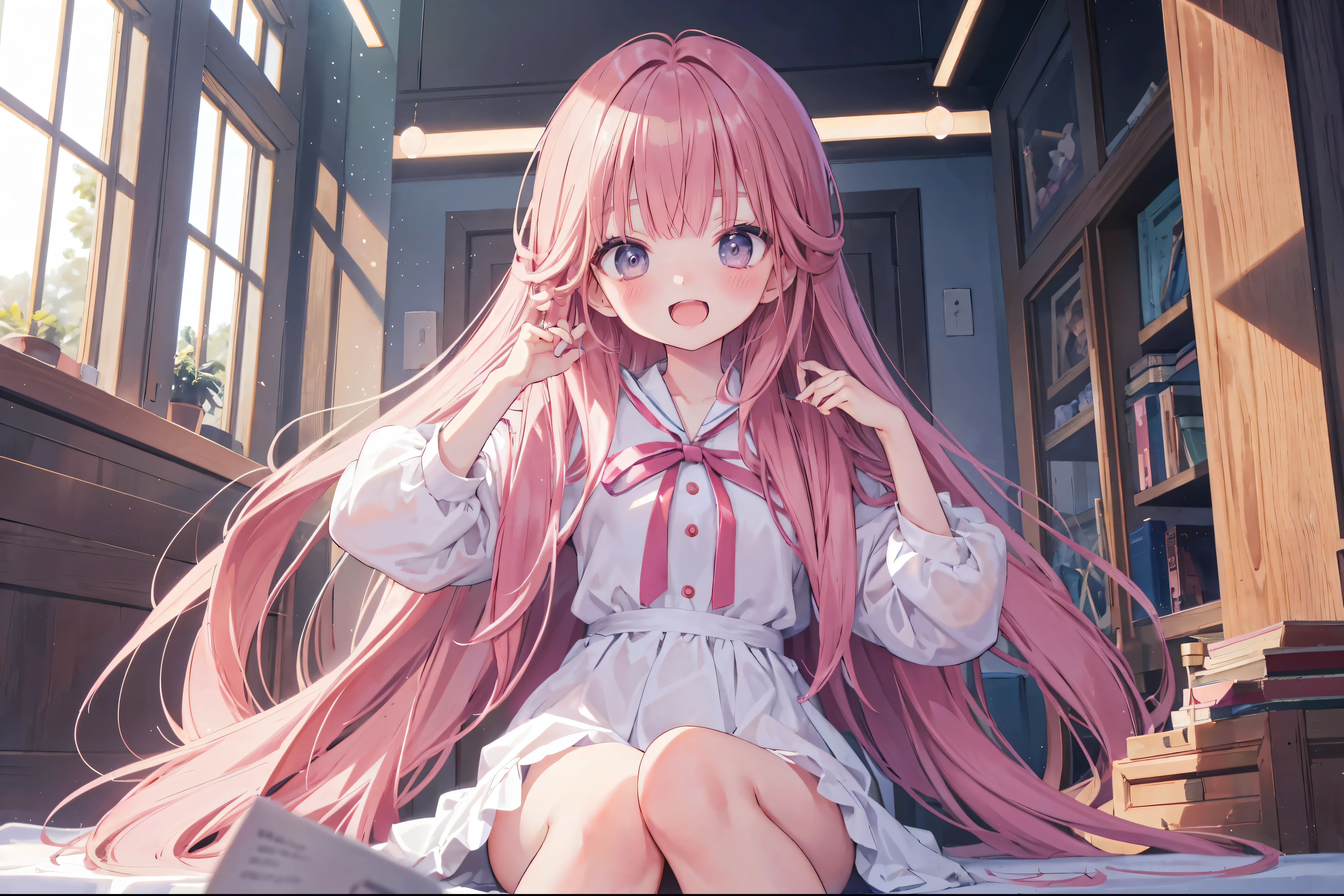 Anime girl with long pink hair sitting on the floor in front of a ...