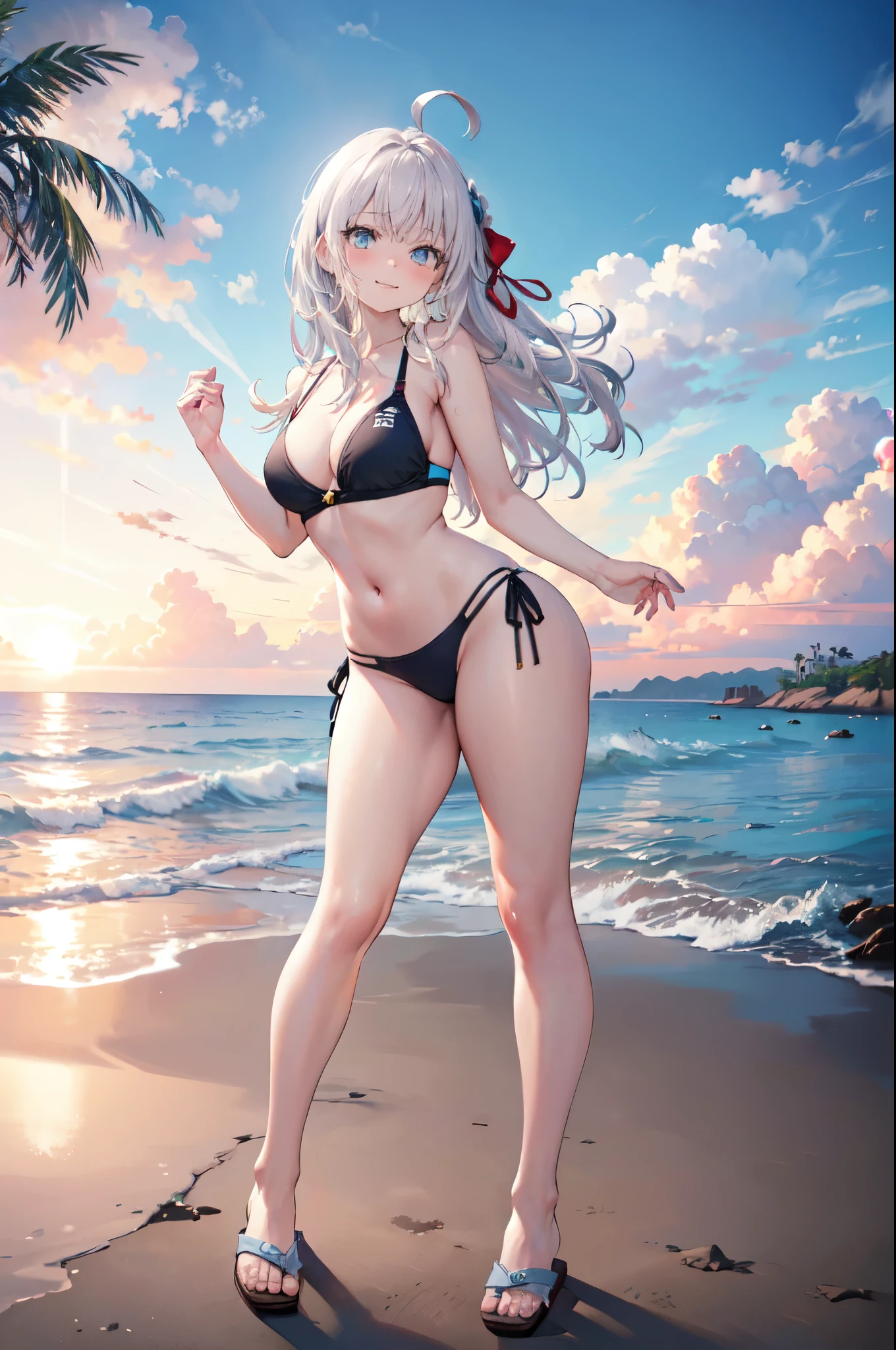 realistic image, detailed image, coherent image, 1 beautiful girl, she has very long hair, white hair, light blue eyes, smiling expression. She is wearing a swim bra, a thin swim thong, slippers, She has a curvy body, medium breasts and thick thighs, She is posing sensually, arching her back, you can see a beach in the background, palm trees and waves, sunset, twilight, Focus soft, full body view, Dramatic shadows, Volumetric lighting, natural lighting,Alisa Mikhailovna Kujou,ahoge,long hair,grey hair,hair intakes,hair ribbon