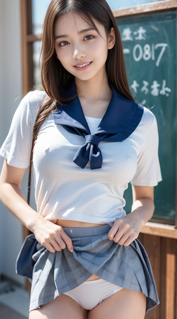 (8K, best quality, masterpiece:1.2), (realistic, photo-realistic:1.37), (high color saturation:1.0), (highly detailed skin), (highest quality:1.0), (ultra high resolution:1.0) ,(realistic:1.0), (Super detailed:1.0), (8K, Raw photo:1.1)、standing random pose, smiling, natural breast, perfect lighting, ((3girls students)), 18years old, (mysterious), clear and detailed, ((school_uniform, Japanese sailor uniform, flared skirt)), (classroom), cute face, (white_panties),