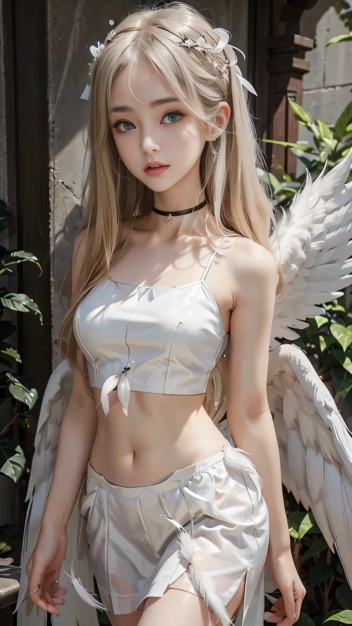 cute face white armor tiny white suit that barely covers the tits and ass the suit only covers the nipples and vagina big angel wings long hair white hair tiny body petite russian pale skin skinny flat chest