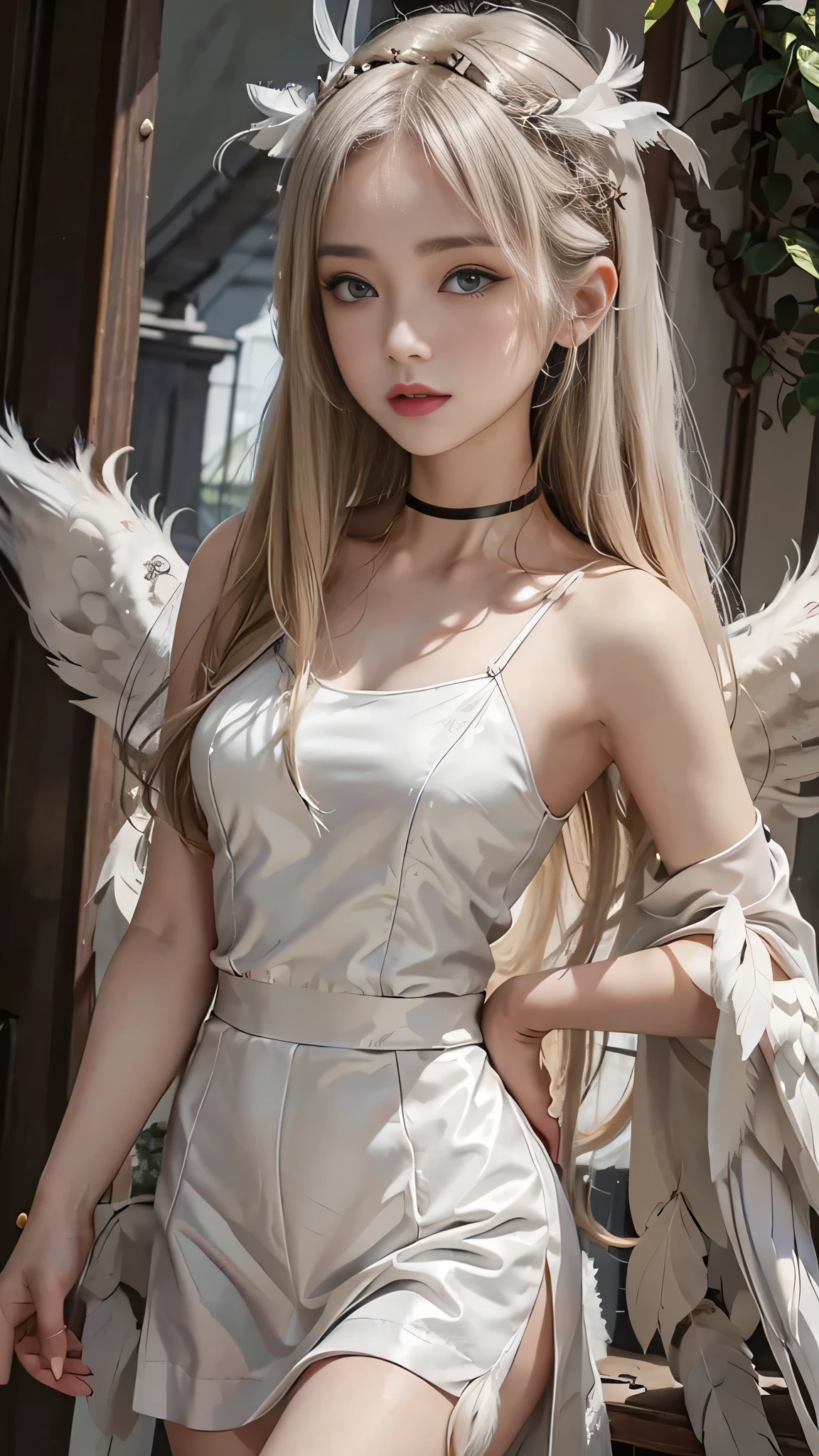 One girl, Medium chest, Blonde Hair, Long Hair, Wavy Hair, Grey Eyes, White Feather Wings, Angel, Outdoor, choker,camisole,flare skirt