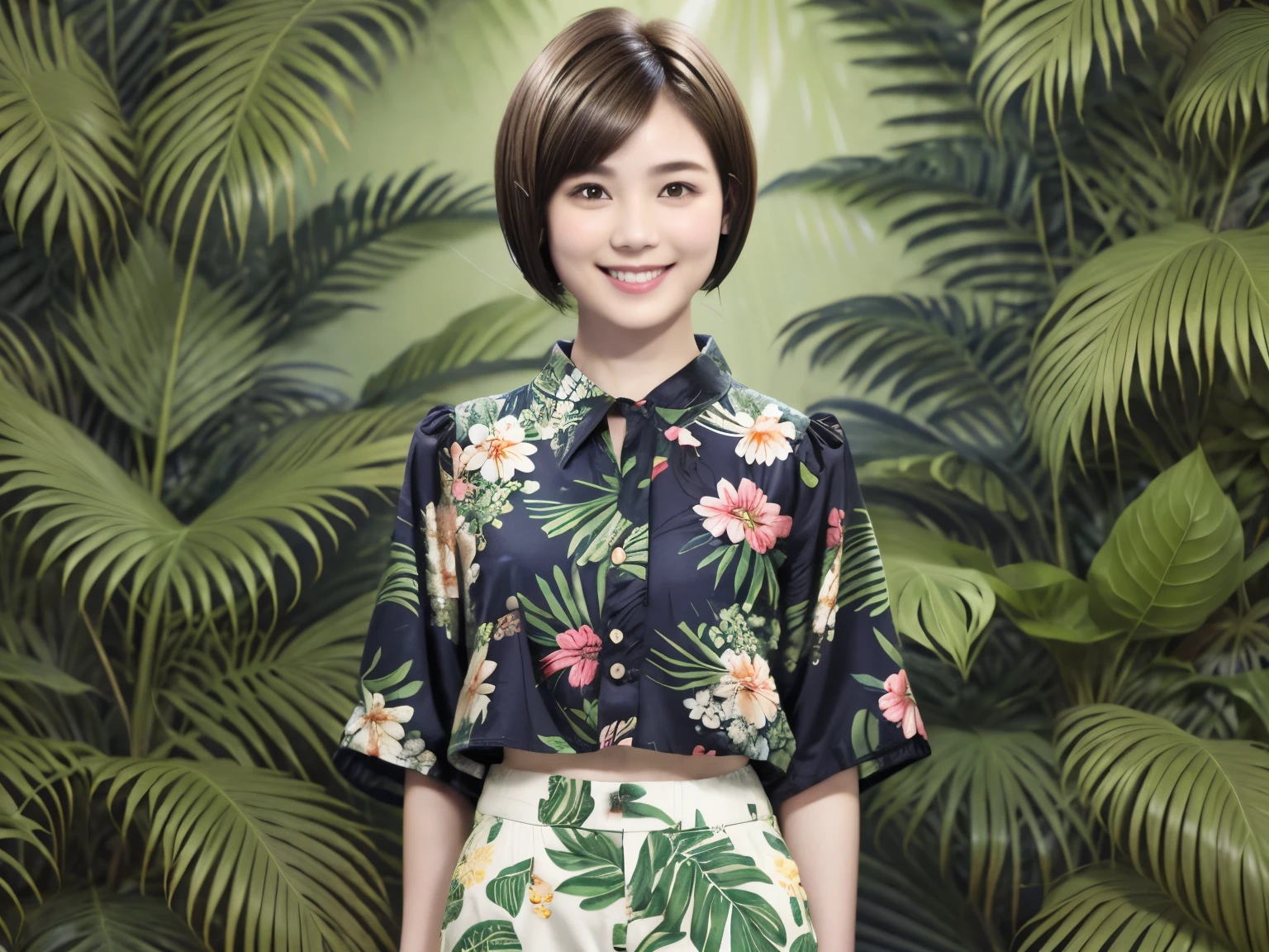 231 (18-year-old female,Floral clothes), ((short hair:1.46)), (Pants Style), (A kind smile), (Jungle Pattern)