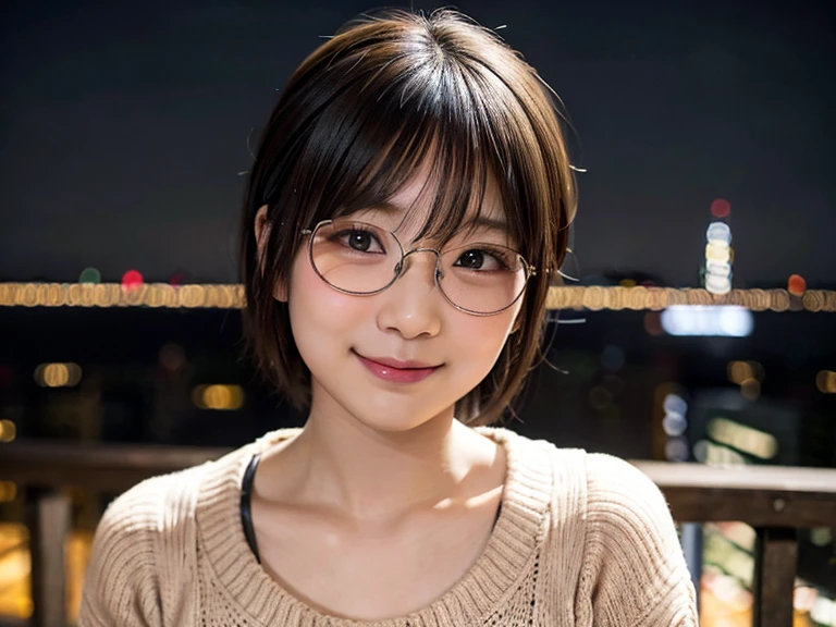 Japanese girl in casual clothes、Observe your audience、Tokyo cityscape at night、(highest quality、Masterpiece)))、HD Fine、Very detailed、Masterpiece、电影Light、(8k、highest quality、Masterpiece:1.2)、(Realistic、Photorealistic:1.37) High Resolution、Super detailed、Woman wearing glasses、A look of silence、Round Glasses、Asian, cute, cute顔, alone, short hair 1.2, Textured skin, Beautiful smile, Beautiful and detailed night sky, Night view, Light, Depth of written boundary, レンズフレアLight、Date、(Blushing your nose)、、(Mouth closed)Small breasts、A beautiful eye for detail、(sweater:1.1)、(short hair:1.2)、Floating Hair Nova Frog Style、