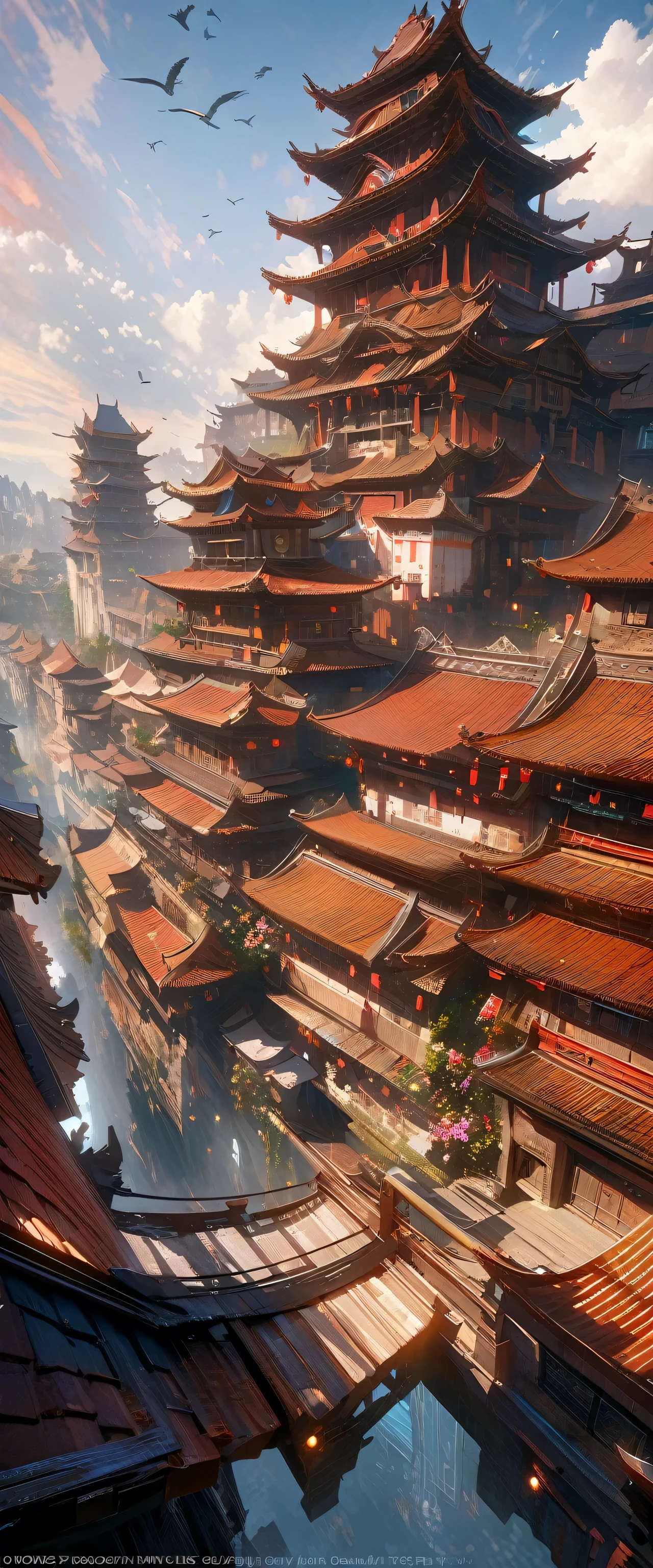 arafed view of a village with a lot of Light on the buildings,color (Fantasy: 1.2), (Cyberpunk Chinese Ancient Castle,), (Irregular red building floating above clouds), Patchwork Cottage, Floral decoration, Light, Chinese cities, (Sky City), Ross Tran, Light shaft, Realistic lighting, masterpiece, high quality, Beautiful graphics, High detail, masterpiece, high quality, Beautiful graphics, High detail, , Birds flying in the sky, Unreal Engine 5, 