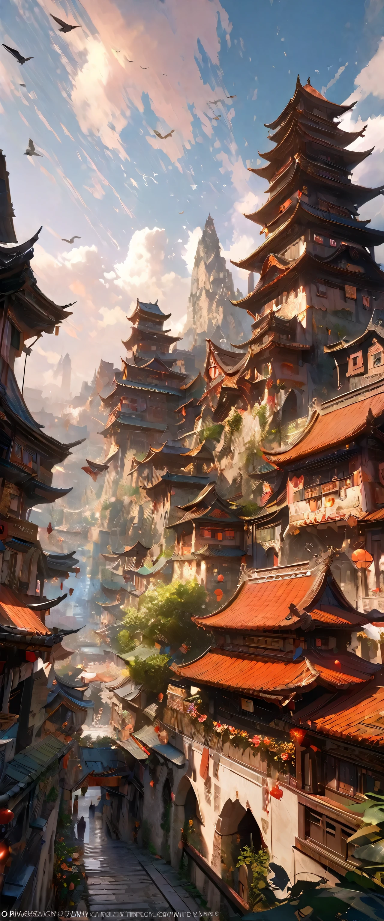 arafed view of a village with a lot of Light on the buildings,color (Fantasy: 1.2), (Cyberpunk Chinese Ancient Castle,), (Irregular red building floating above clouds), Patchwork Cottage, Floral decoration, Light, Chinese cities, (Sky City), Ross Tran, Light shaft, Realistic lighting, masterpiece, high quality, Beautiful graphics, High detail, masterpiece, high quality, Beautiful graphics, High detail, , Birds flying in the sky, Unreal Engine 5,