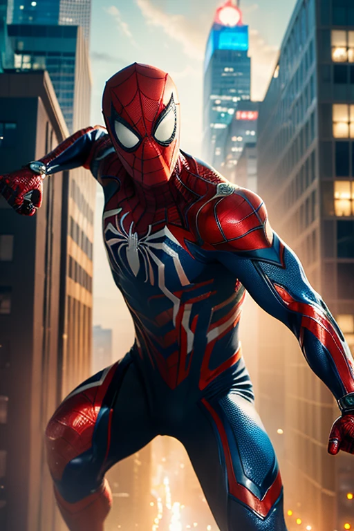 (highest quality,4K,High resolution,Super detailed:1.2),Superhero,Spiderman,Full Body Shot,Very elaborate suit,Elaborate masks,Shiny Reflective Texture,Intricate web pattern,Sparkling eyes,A beautifully crafted spider emblem,a muscular build,Miniature cities,Vibrant colors,Manga style, Dramatic lighting,Rough atmosphere,from above