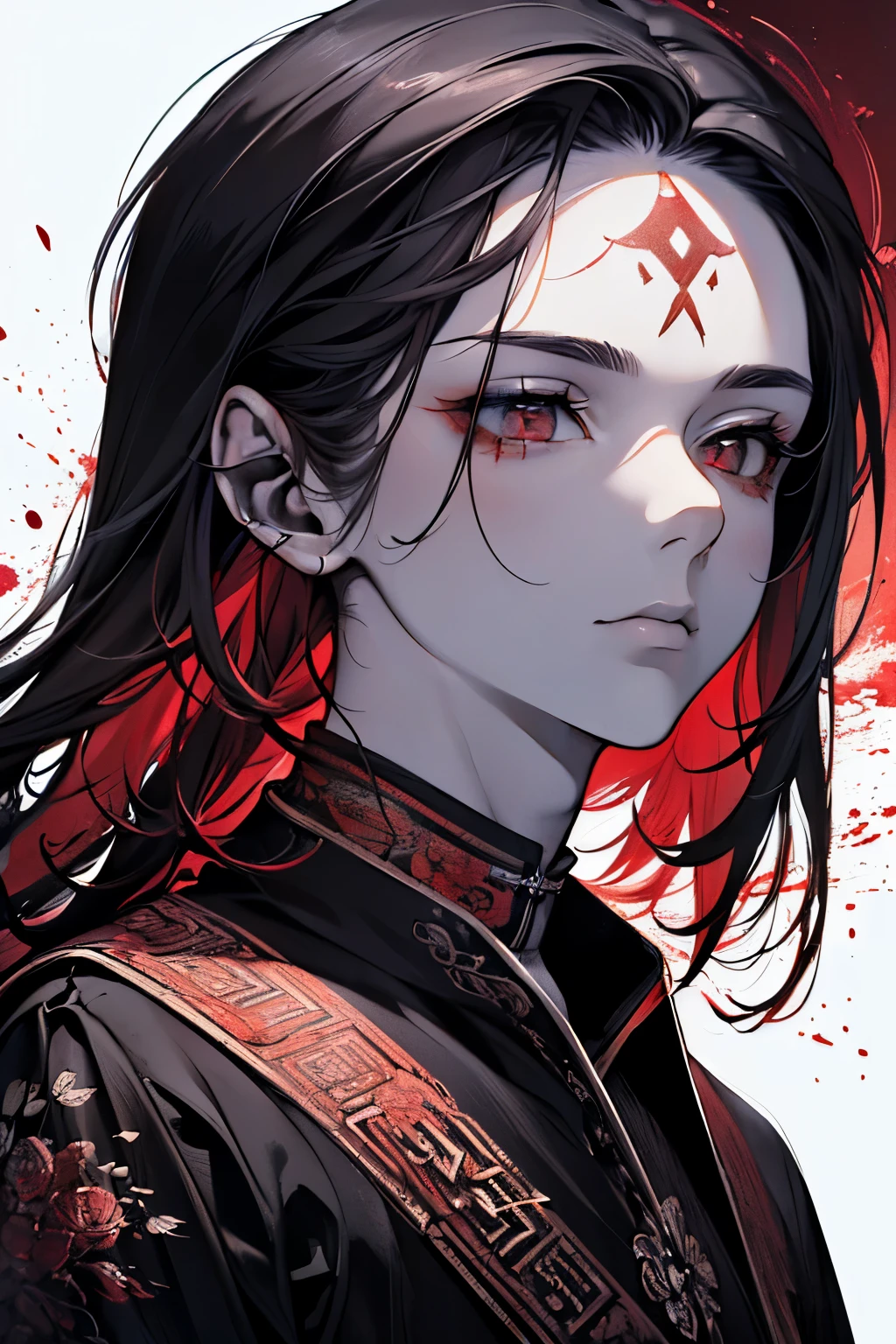 ((Male, around 18 years old:1.2)),(extremely detailed 8K wallpaper),(ultra-detailed),(best quality),(masterpiece),(highly detailed),(cinematic lighting),(Original),Cold ligh,moody,(Chinese elaborate-style painting ),ink style,32K depth of field,1girl,solo,((busts)),((red marks on forehead)),(((villain image)))
