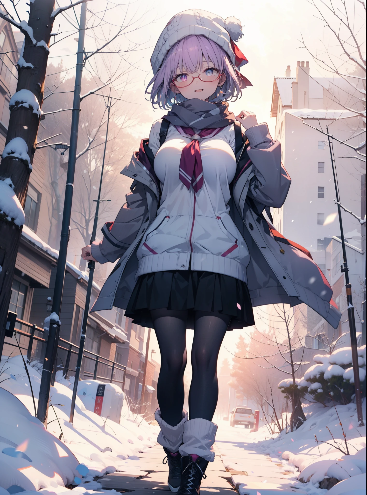 akaneshinjou, shinjou akane, Light purple hair, (Pink Eyes:1.2), short hair,Akagi Glasses,hair band,,White Breath,Big Breasts,Purple coat,White sweater,happy smile, smile, Open your mouth,Black long skirt,Gray pantyhose,Red scarf,short boots,Knitted hat,Daytime,cloudy,snow,snowが降り積もっている,whole bodyがイラストに入るように,Looking down from above,
 break looking at viewer,whole body,               　　　　　　　 break outdoors 森, nature, 　　　　　　　　　　　break (masterpiece:1.2), highest quality, High resolution, unity 8k wallpaper, (shape:0.8), (Beautiful and beautiful eyes:1.6), Highly detailed face, Perfect lighting, Extremely detailed CG, (Perfect hands, Perfect Anatomy),