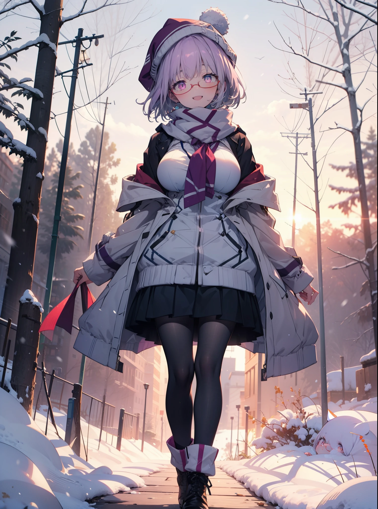 akaneshinjou, shinjou akane, Light purple hair, (Pink Eyes:1.2), short hair,Akagi Glasses,hair band,,White Breath,Big Breasts,Purple coat,White sweater,happy smile, smile, Open your mouth,Black long skirt,Gray pantyhose,Red scarf,short boots,Knitted hat,Daytime,cloudy,snow,snowが降り積もっている,whole bodyがイラストに入るように,Looking down from above,
 break looking at viewer,whole body,               　　　　　　　 break outdoors 森, nature, 　　　　　　　　　　　break (masterpiece:1.2), highest quality, High resolution, unity 8k wallpaper, (shape:0.8), (Beautiful and beautiful eyes:1.6), Highly detailed face, Perfect lighting, Extremely detailed CG, (Perfect hands, Perfect Anatomy),