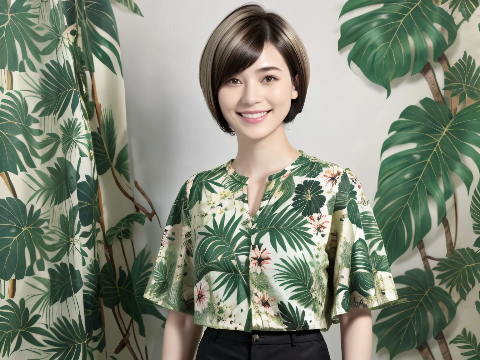 231 (18-year-old female,Floral clothes), ((short hair:1.46)), (Pants Style), (A kind smile), (Jungle Pattern)